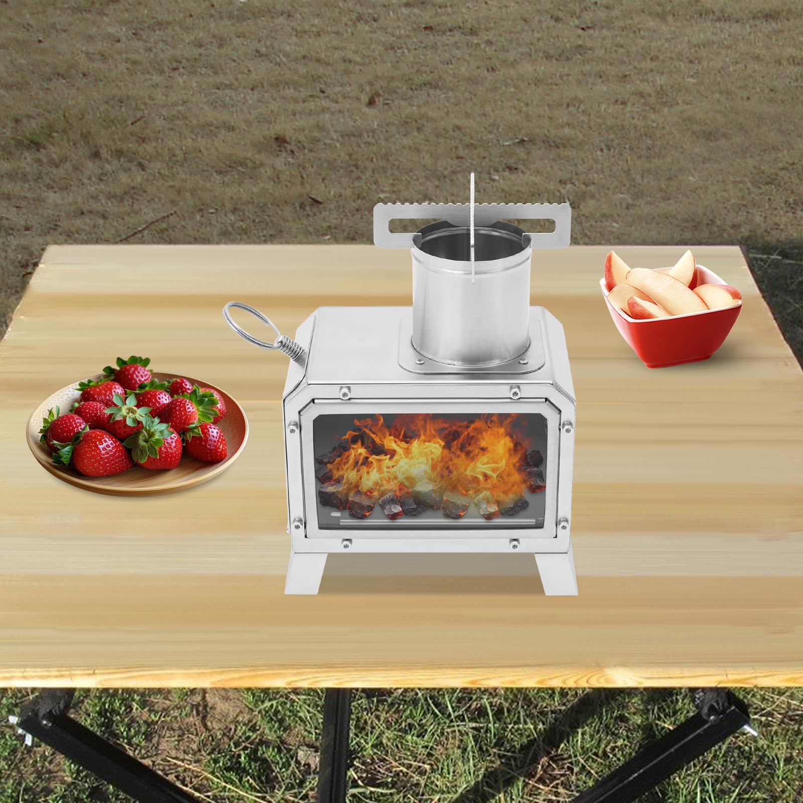 Fornello da campeggio in acciaio inox 201 con finestra in vetro, fornello da campeggio portatile per backpacking, fornello a legna da campeggio, per cucina all'aperto, escursionismo, barbecue, 25,9 x