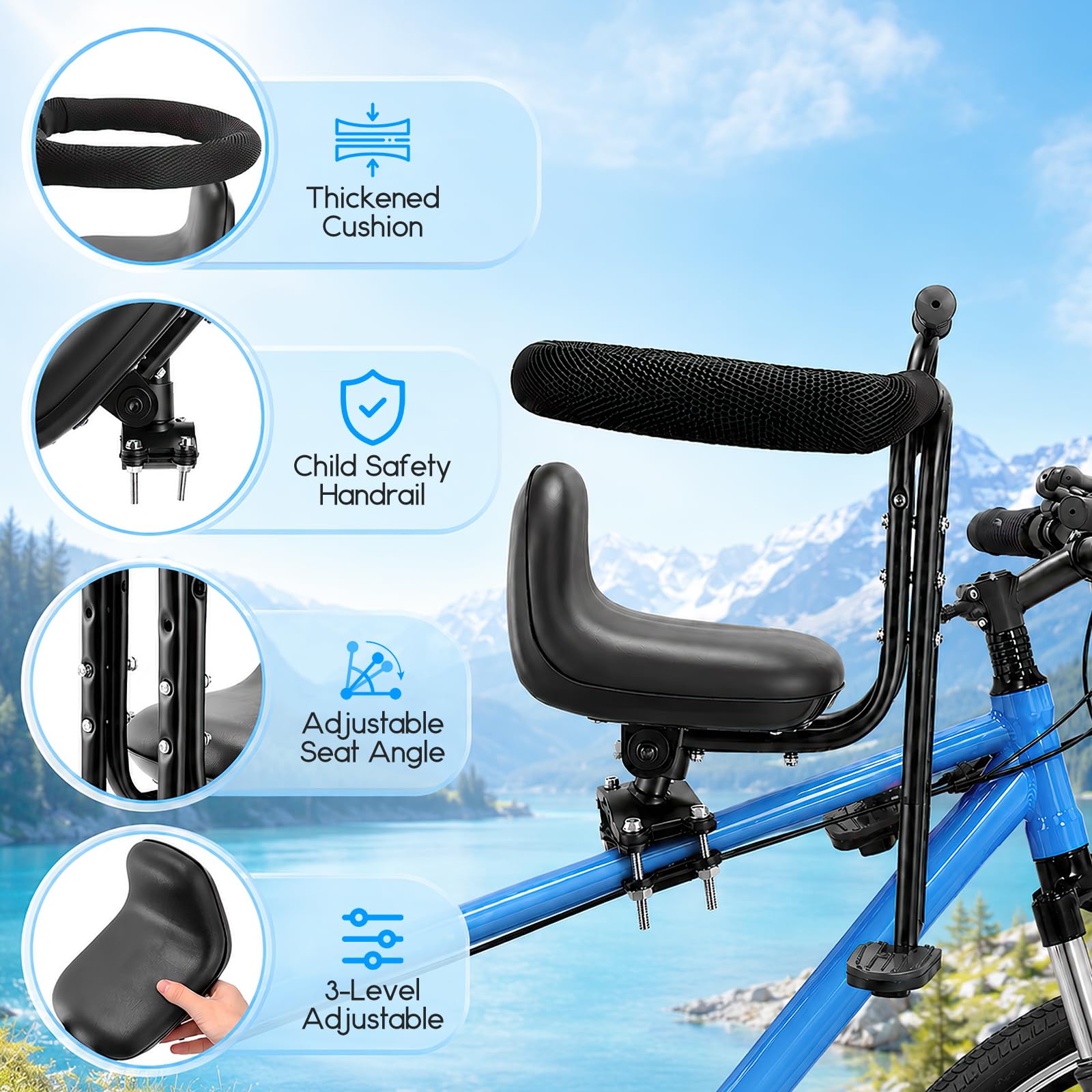 Kinderfahrradsitz Vorne – Verstellbarer Front-Kindersitz für 1-7 Jahre (bis 50 kg), mit Schutzbügel & Fußstützen, für Mountainbikes & Fahrräder mit Oberrohr