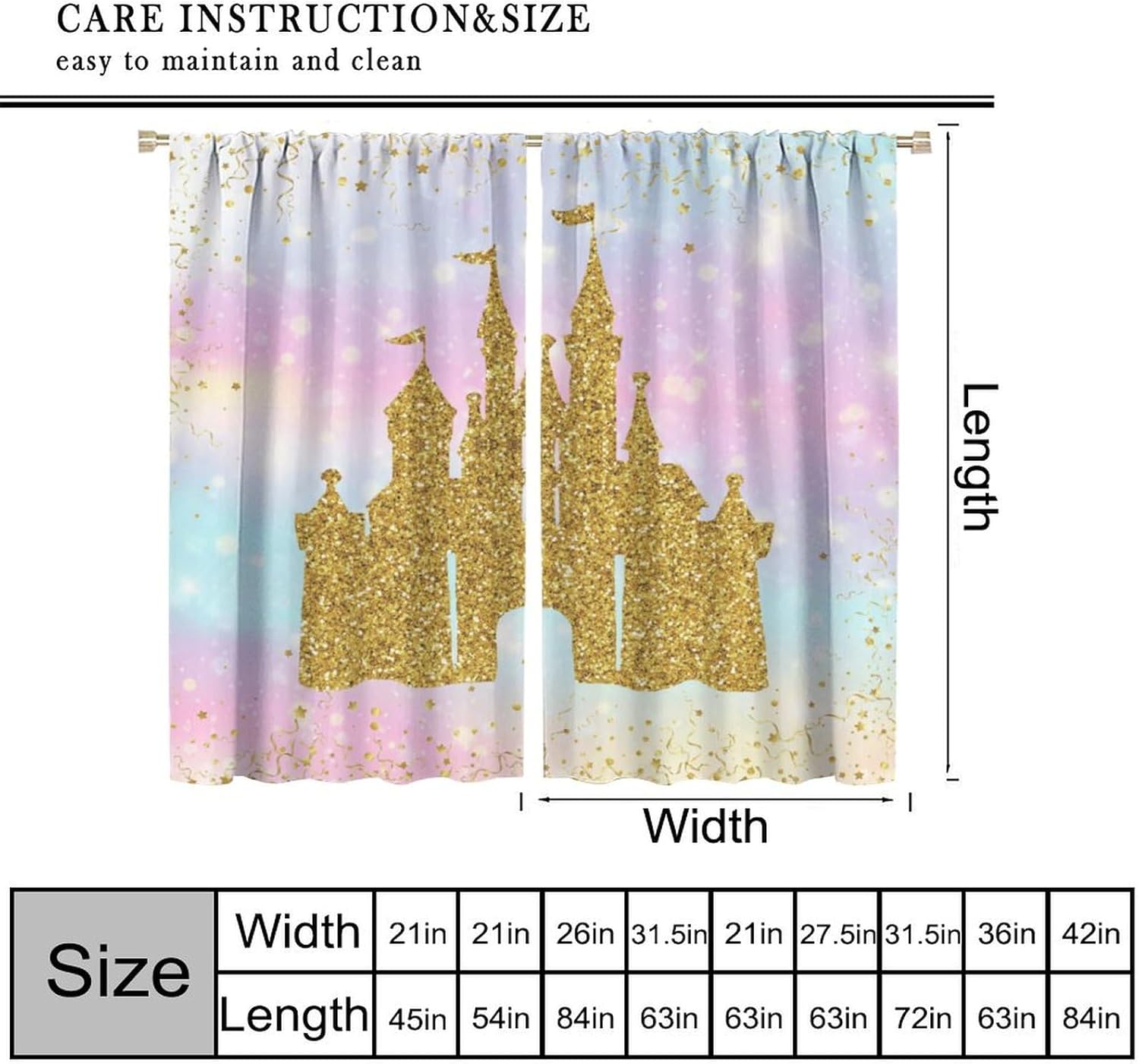Princess Castle Curtains, Watercolor Pastel Rainbow Gold Glitter Fairy Tale Castle Print Blackout Window Treatments for Kids Girls Bedroom Living Room Party Decor, 42" W X 45" L