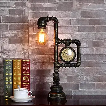 Retro Water Pipe Table Lamp with Clock - Steampunk Desk Light for Bedroom and Living Room
