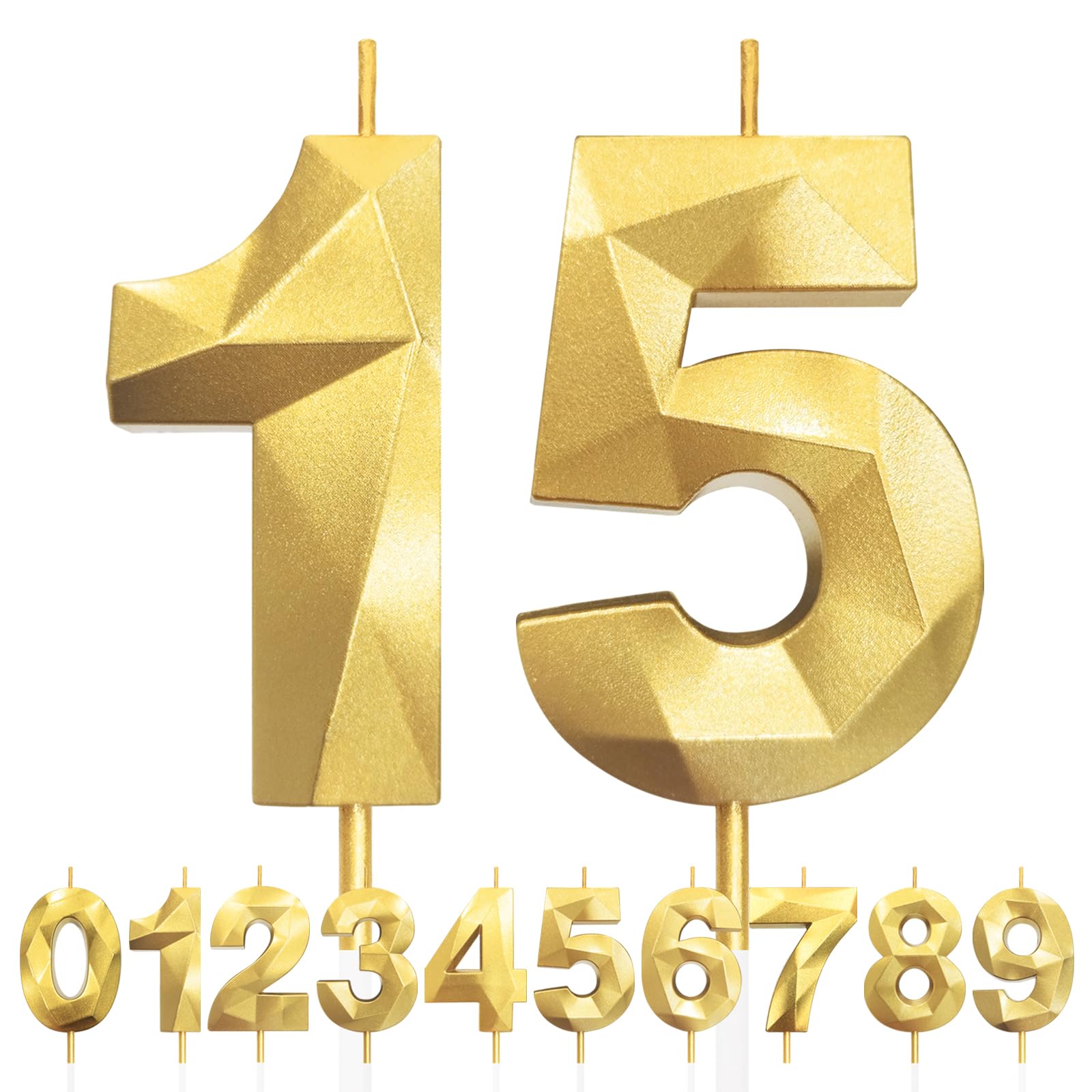 Candele Per Torta 15° Compleanno - 2 Candele Numerale Oro 1 E 5 Con Base - Lunghezza Totale 11,5cm - Ideali Per Compleanni, Anniversari E Matrimoni - 2