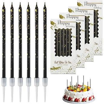 Pack of 24 Birthday Candles Cakes Black Gold Thin and Long Odourless Non-Toxic with Stand for Decorative Birthday Wedding Party Birthday Candles for Cake Baby Shower Black Gold