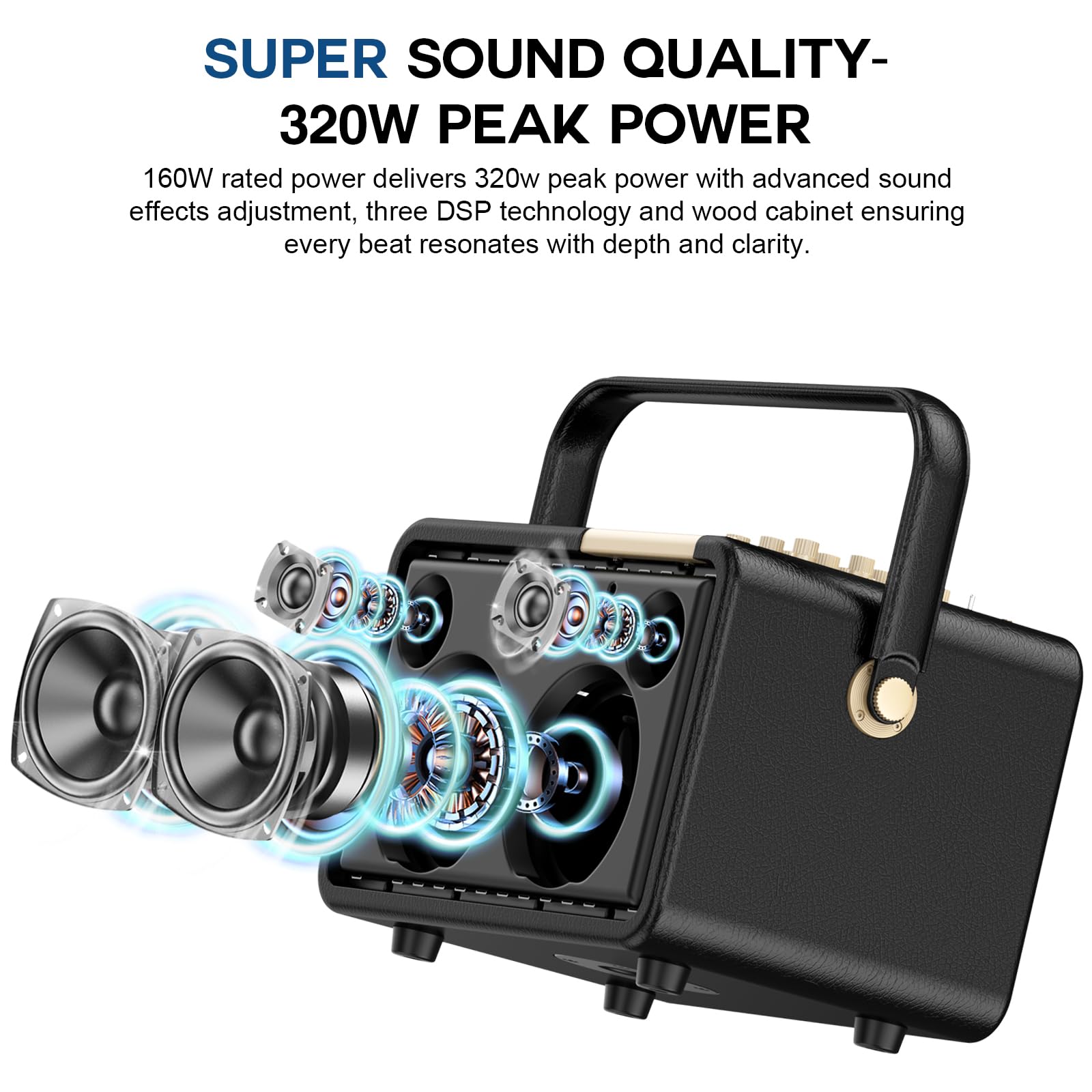 320W Potenza di Picco Macchina per Karaoke per Sistema di Cassa Portatile Bluetooth Regolazione Bassi/Acuti con 2 Microfoni Wireless UHF per Feste a Casa, Matrimoni, Eventi All'aperto