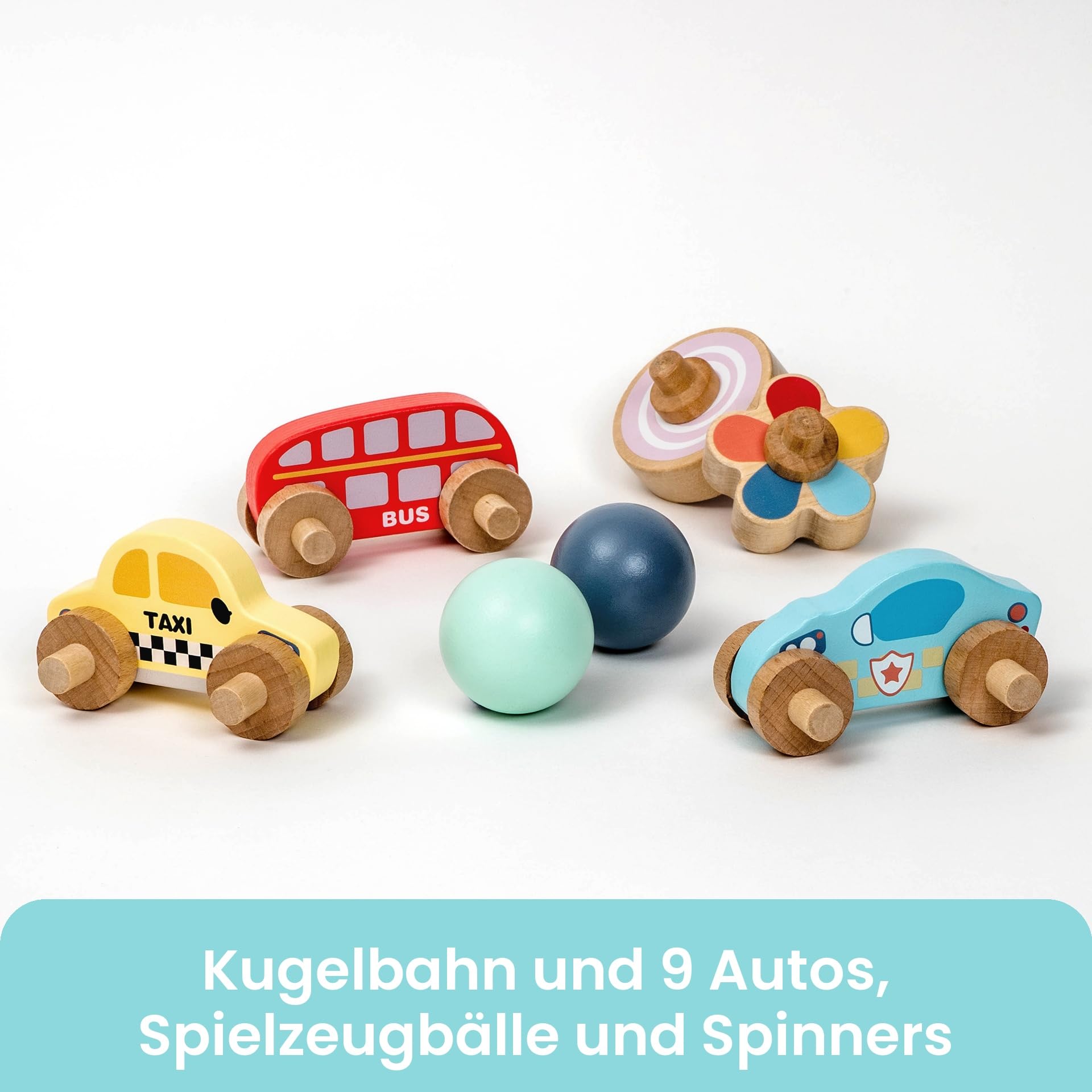 Große Kugelbahn aus Holz von Oh My Baby, Murmelbahn-Set, inklusive 9 Autos und Spielzeugbälle. Kugelbahn für Kinder ab 1 Jahr, Größe: 57 x 60 cm, FSC Lindenholz