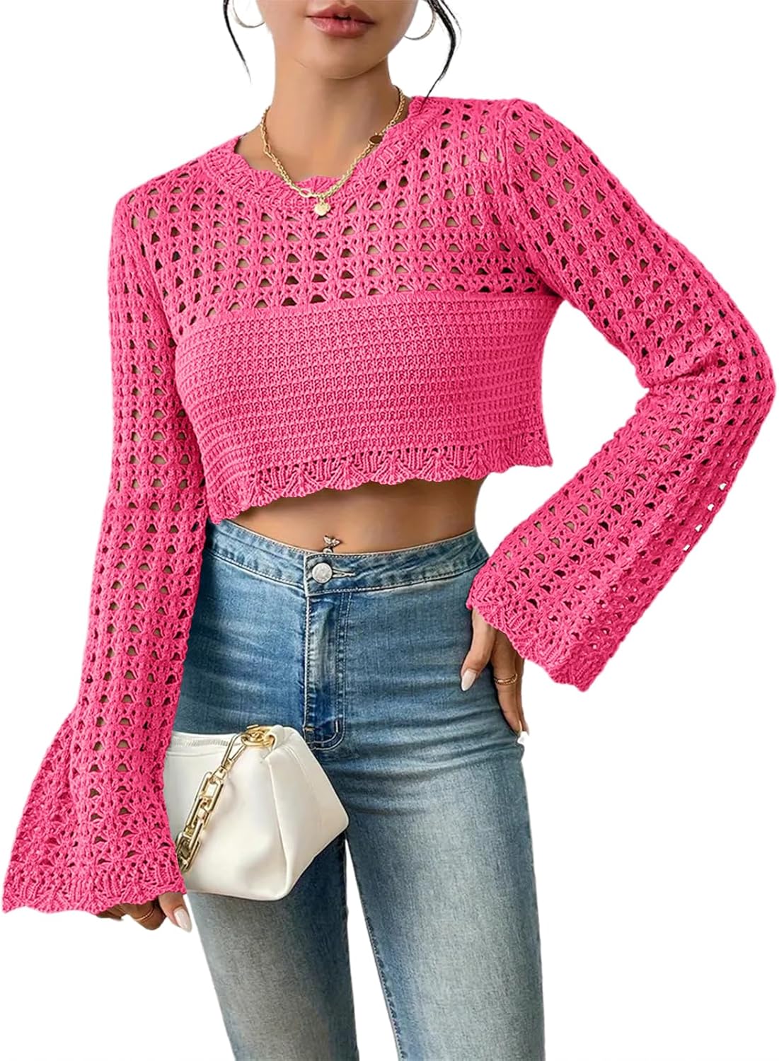 Women's Crochet Lightweight Crop Sweaters Summer Boho Tops Long Sleeve Hollow Out Short Knitwear