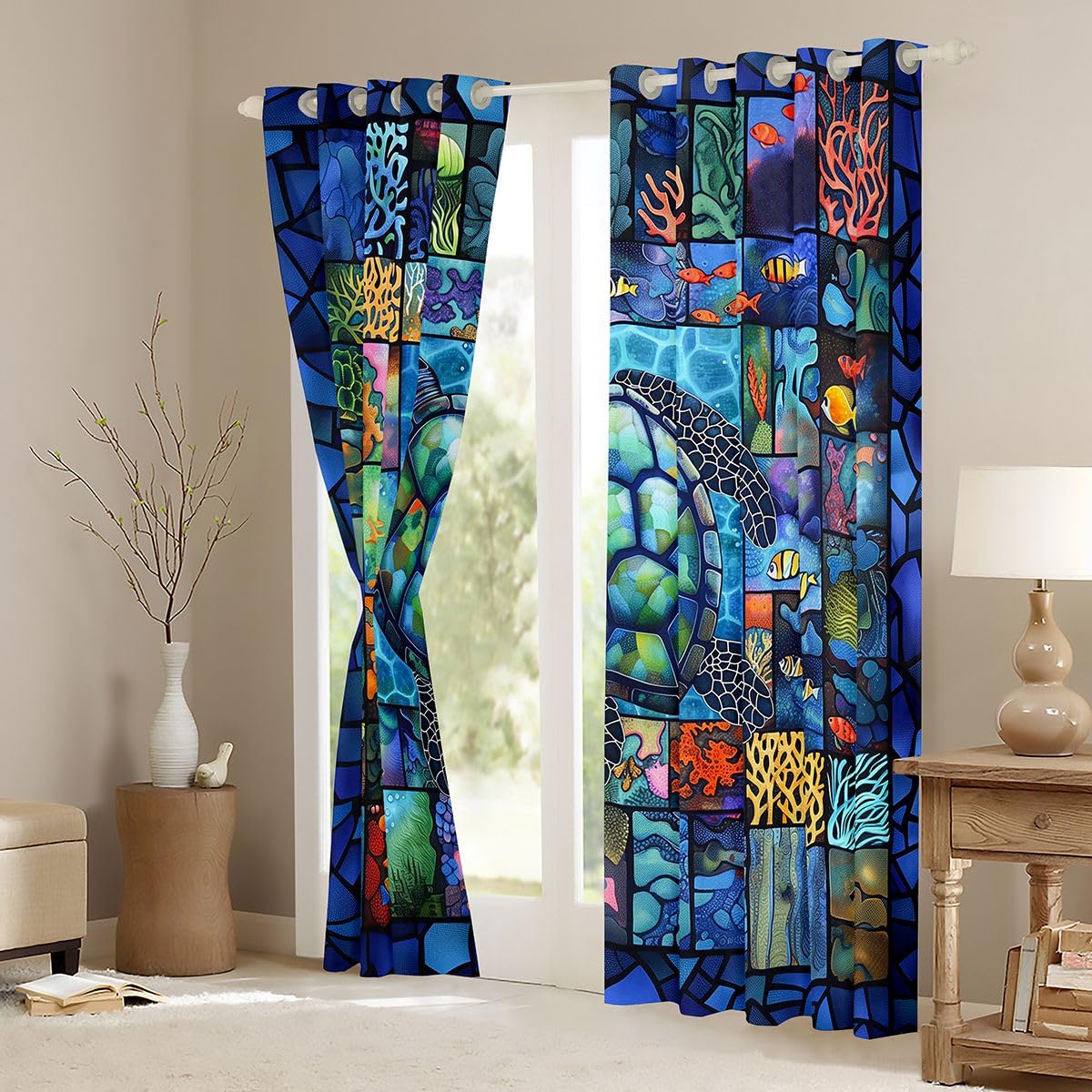 Homemissing Tende con tartaruga marina per camera da letto, soggiorno, oceano, acqua di mare, oscuranti, tonalità di vita marina e mare, tenda oscurante, trattamenti per finestre, 2 pannelli L 66 x 90