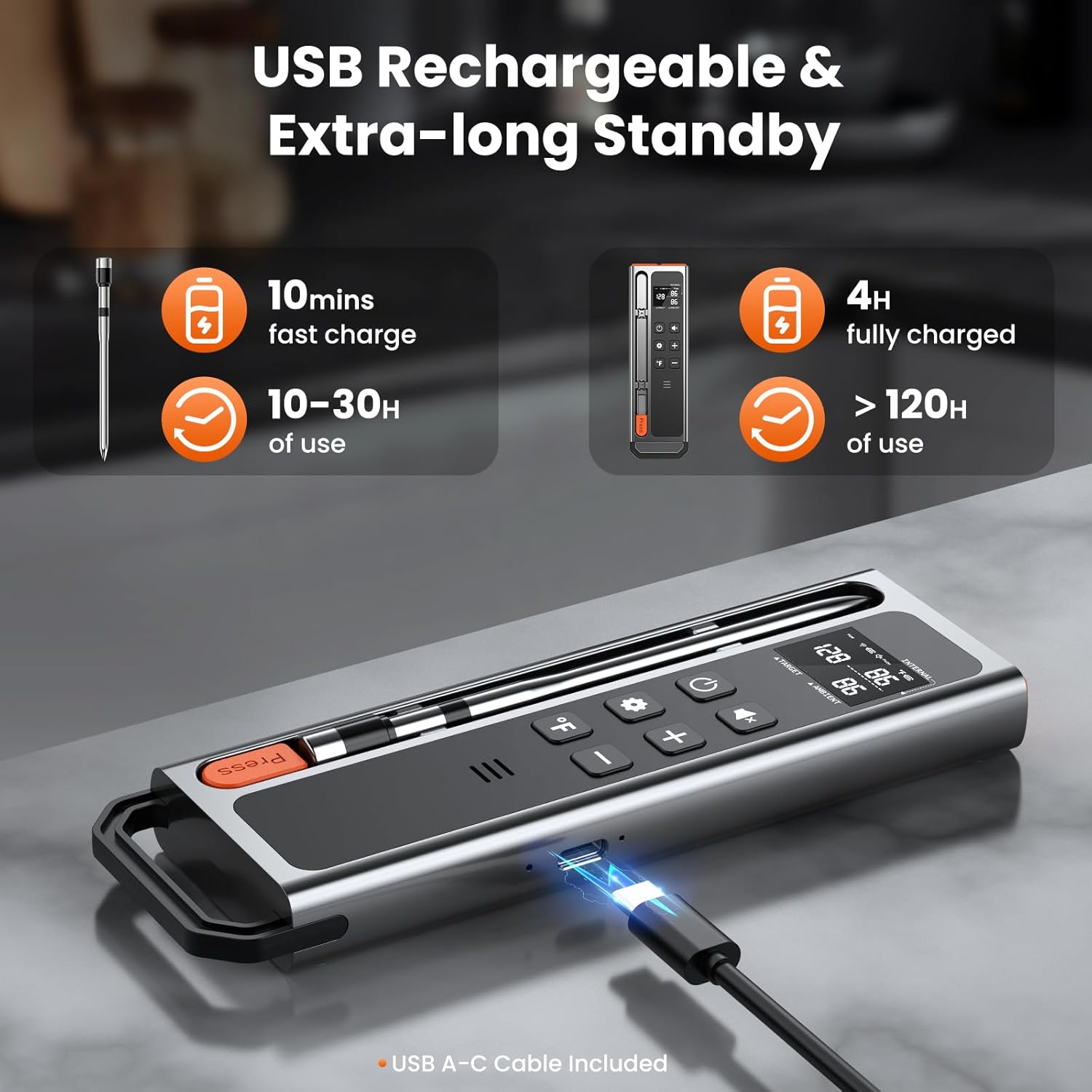 Wireless Meat Thermometer Digital-5.3 Bluetooth for Stable 800ft APP Control (iOS&Android), 10mins Charge for 24H Use Meat Probe, Accuracy ±0.5°F, Instant Read Meat Thermometer for BBQ, Grill, Oven - Image 5