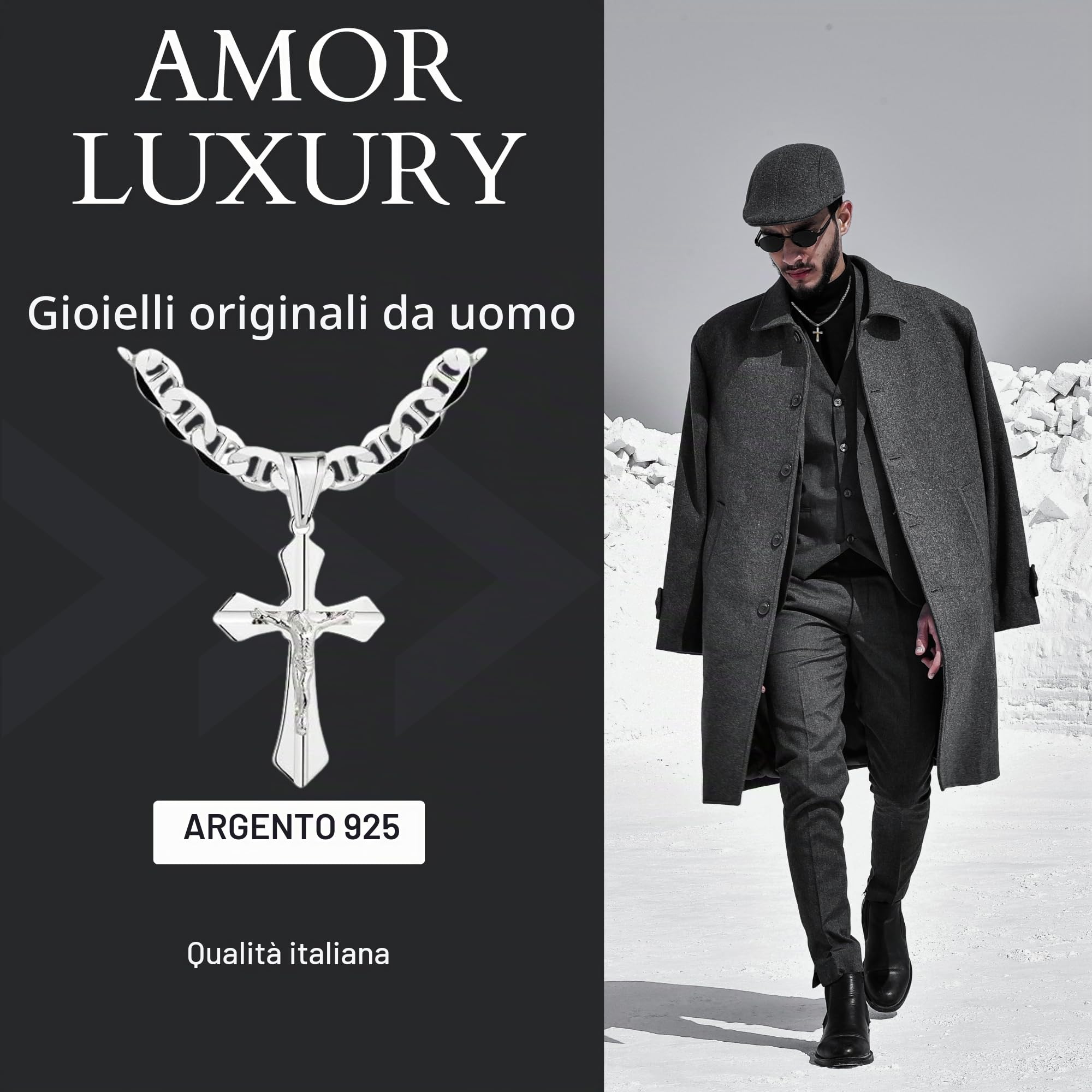 Collana da uomo a forma di croce – argento 925, 50 cm, catena bizantina – Gioielli di qualità italiana