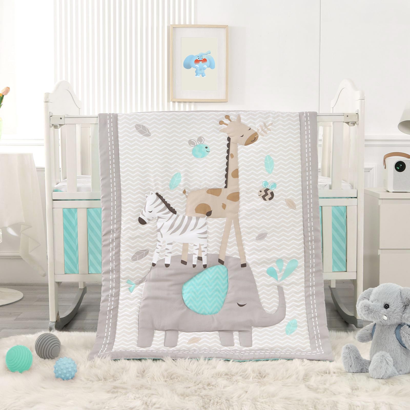 Juego de ropa de cama para cuna de elefante, color gris, juego de ropa de cama de 3 piezas para bebé, elefante, safari, recién nacido y bebé, gris