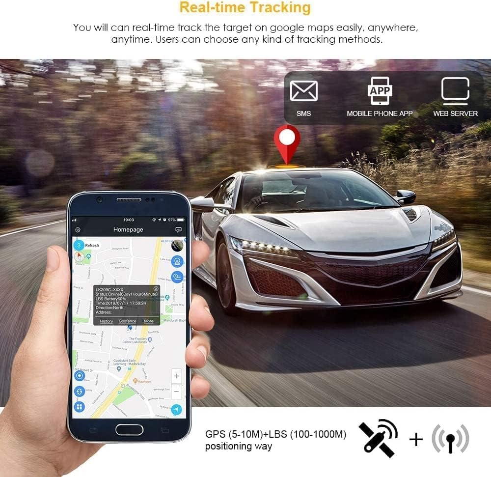 Smartphone displaying real-time GPS tracking map with a car on a road