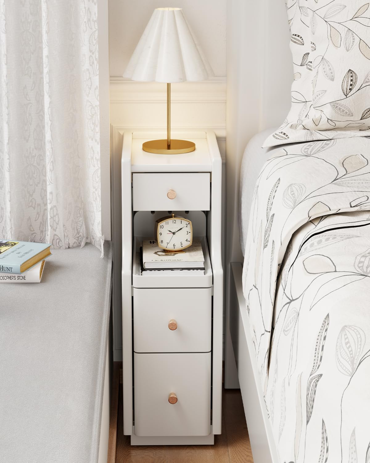 Narrow Nightstand with 3 Drawers,Solid Wood Narrow Bedside Table White, Modern Skinny Nightstand for Bedroom(Fully Assembly)