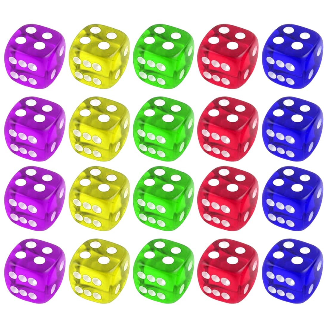20pcs Dadi da Gioco acrilici 5 Colori traslucidi Dadi esaedrici per Giochi e insegnamenti