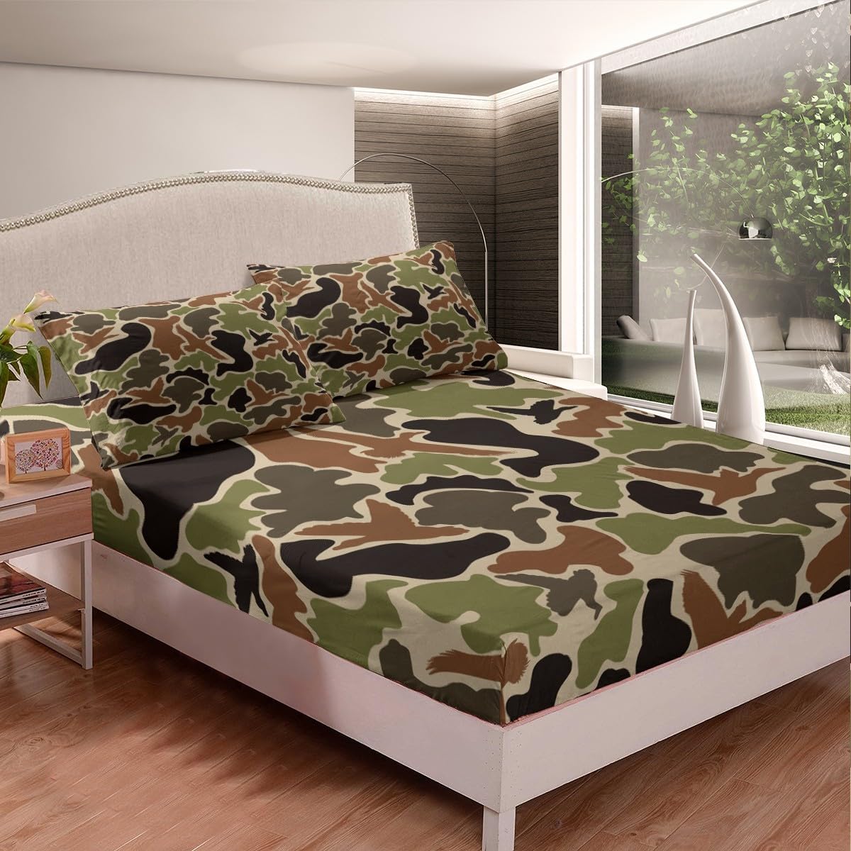 Feelyou Duck Hunter Green Camouflage Hunting Sheet Set Twin Size Kids Black Brown Sheets with Deep Pocket Fitted Sheet for Boys Teens Camo Army Bed Sheets Set Breathable Wild Bedding Set Room Decor