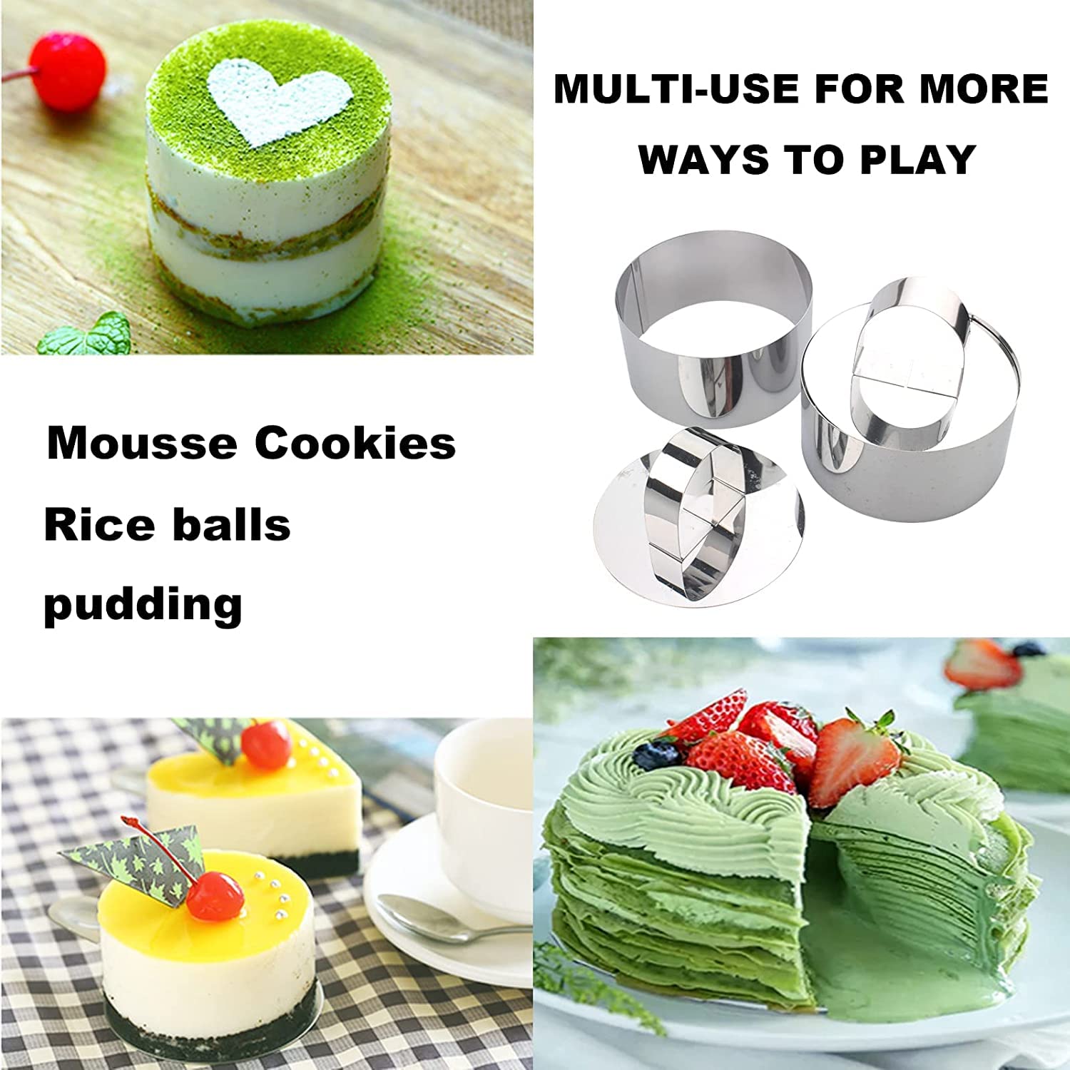 Set di 8 anelli rotondi per alimenti, set di anelli da cucina, in acciaio inox, per torte rotonde, con spingitore, per cucinare in famiglia, uova, pasticceria, mousse e dessert (diametro 8 cm
