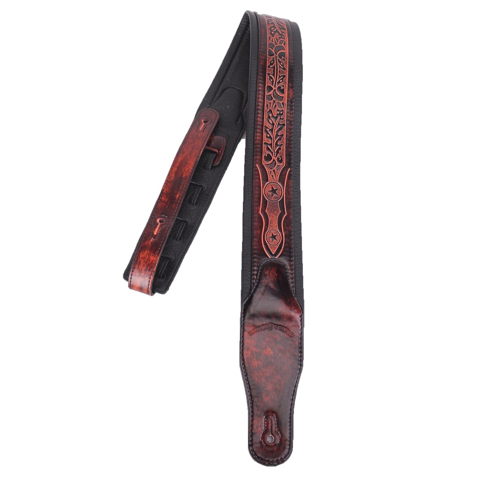 Walker & Williams GB-162 negro Cherry acolchada correa para guitarra con hojas de roble y Texas Star