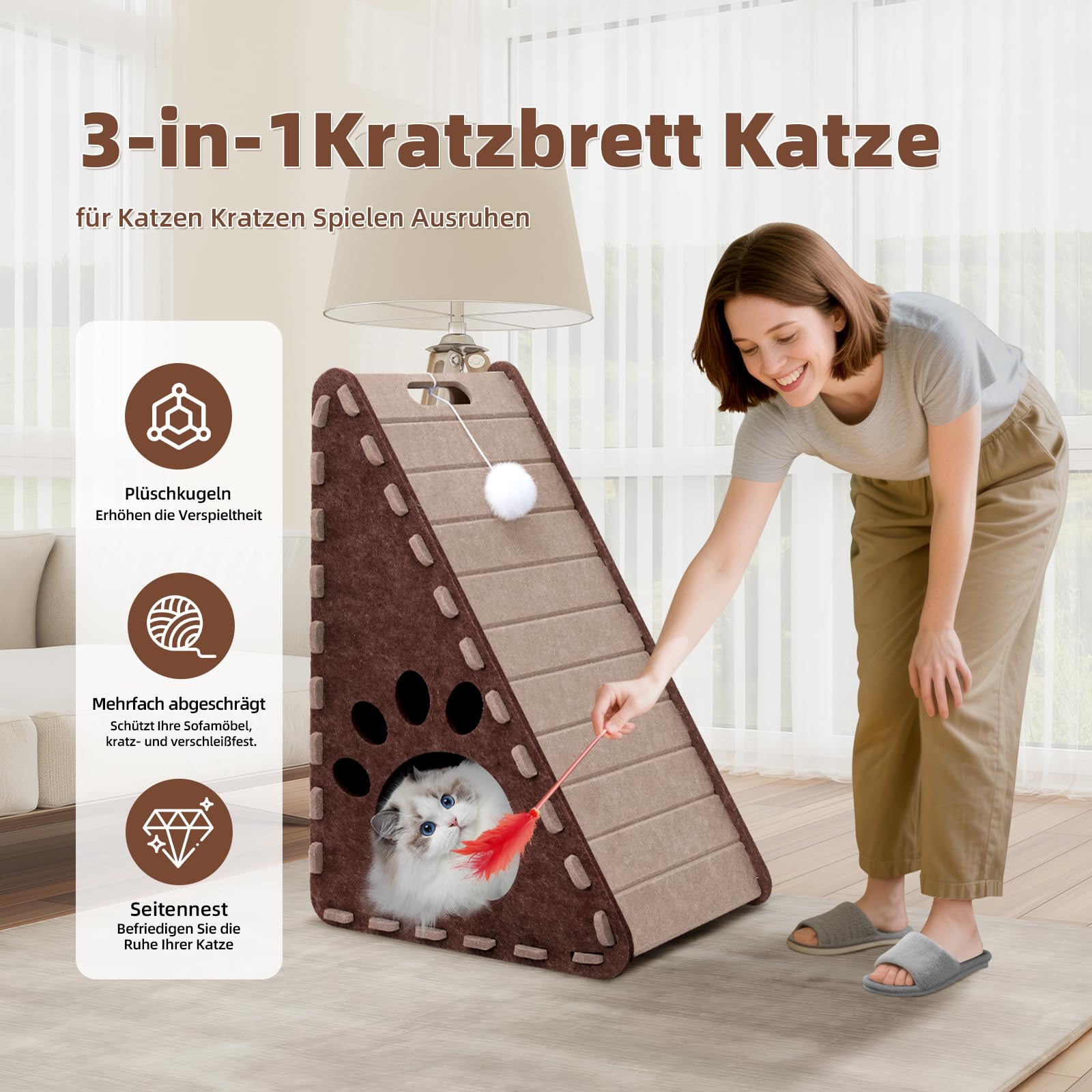Mittimiya 3-in-1 Filz Kratzbrett Katze, 63 cm Hohe Dreieck kratzbretter Katze mit Ballspielzeug, für Katzen Kratzen Spielen Ausruhen(Braun)