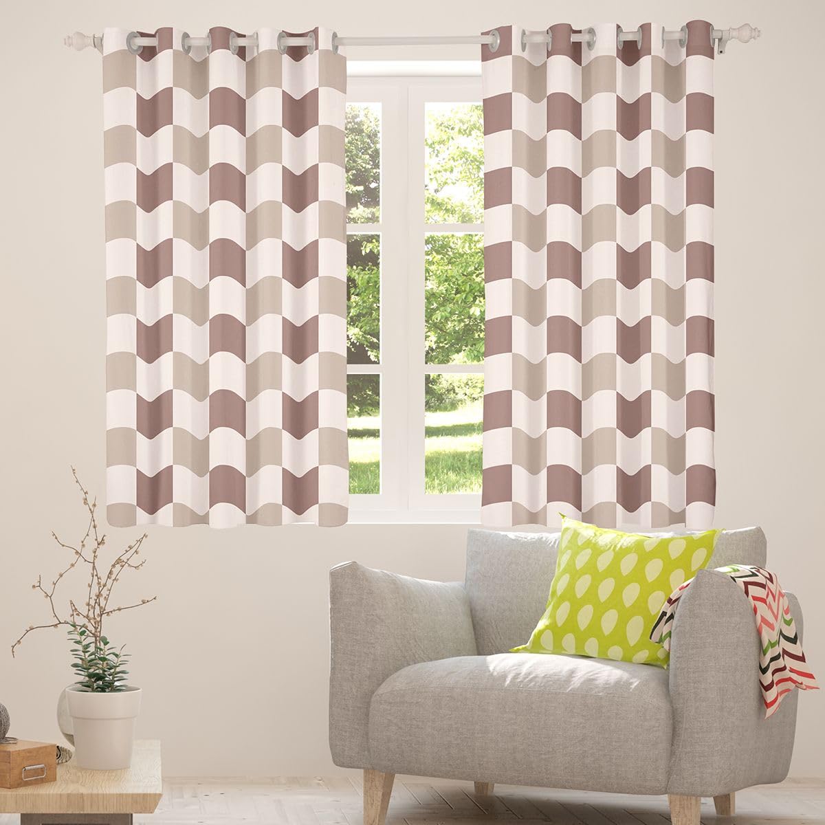 Lot de 2 rideaux de fenêtre marron à carreaux - Taille XXL - 260 x 140 cm - Grille géométrique - Bon rideau occultant - Aquarelle - Grid arc-en-ciel - Pour adultes et enfants