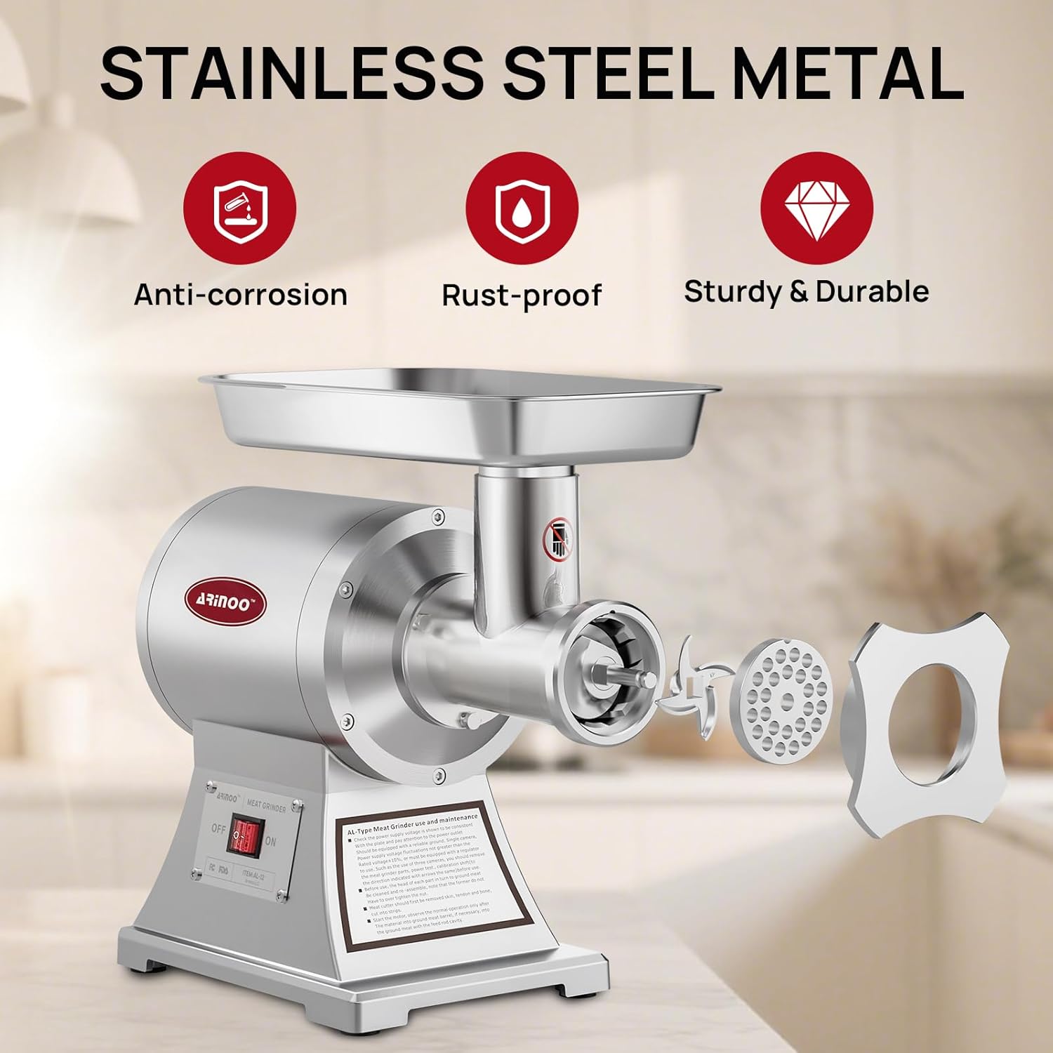 Commercial Meat Grinder #12,0.9HP Electric Meat Mincer,Heavy Duty Stainless Steel Industrial Meat Mincer w/2 Blades & Meat Pusher,Food Grinders Machine for Home Kitchen Regular Use