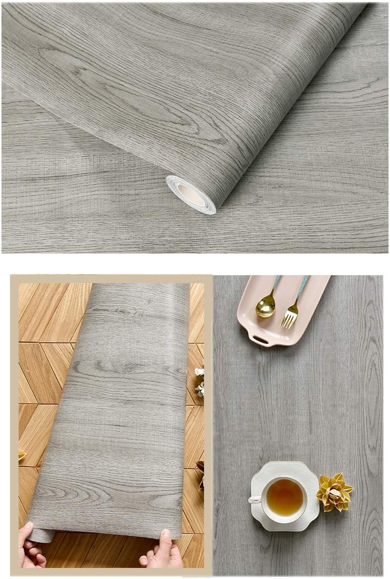 Self Adhesive Grey Wood Grain Contact Paper Floor Vinyl for Kitchen Cabinets Door Table Counter Top Desk Furniture Walls 15.7x117 Inches