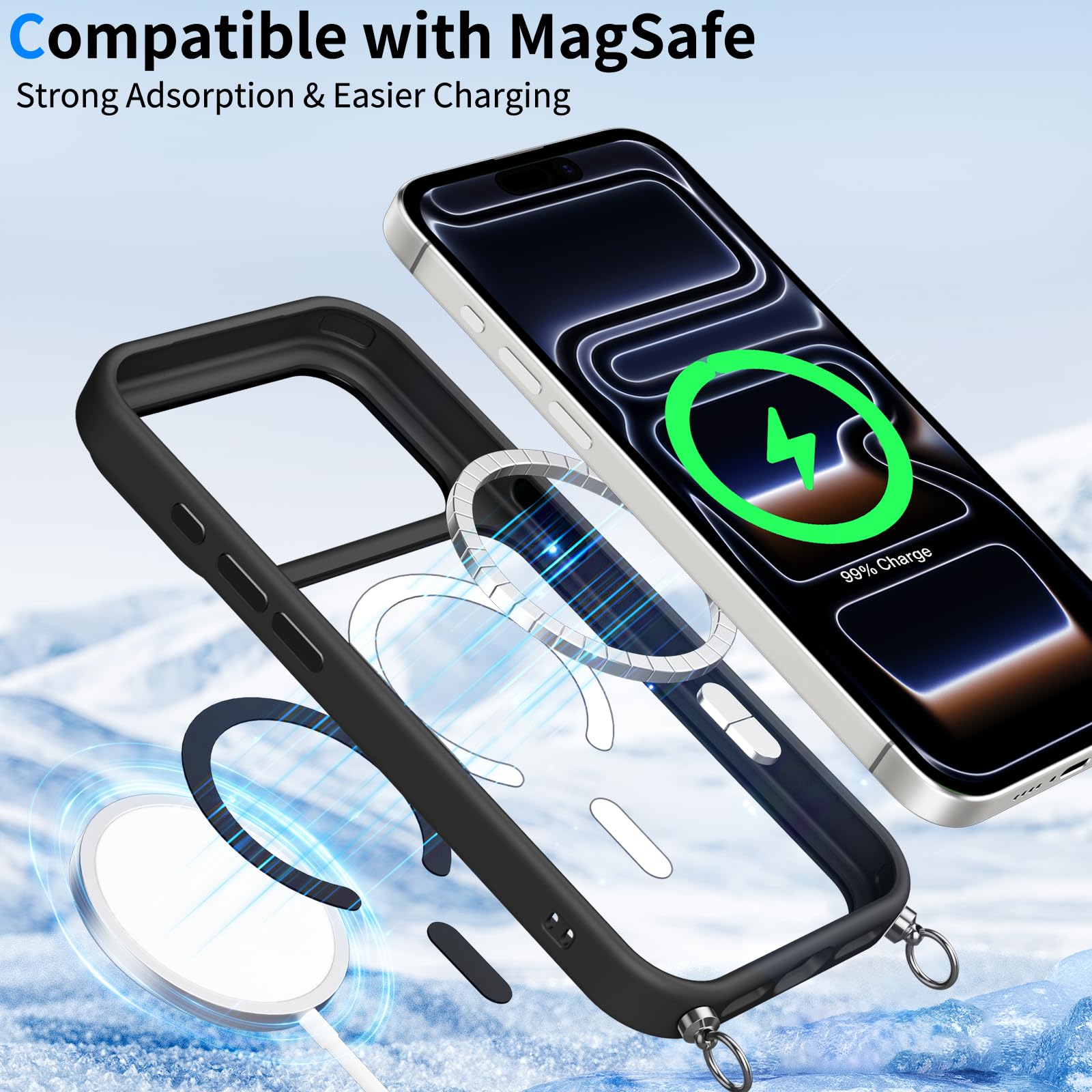 Pnakqil Magnetyczne etui na iPhone'a 17 Pro ze smyczą, kompatybilne z MagSafe, twarde etui PC cienkie silikonowe TPU odporne na wstrząsy zderzak ochronny ze sznurkiem naszyjnik pasek na ramię etui
