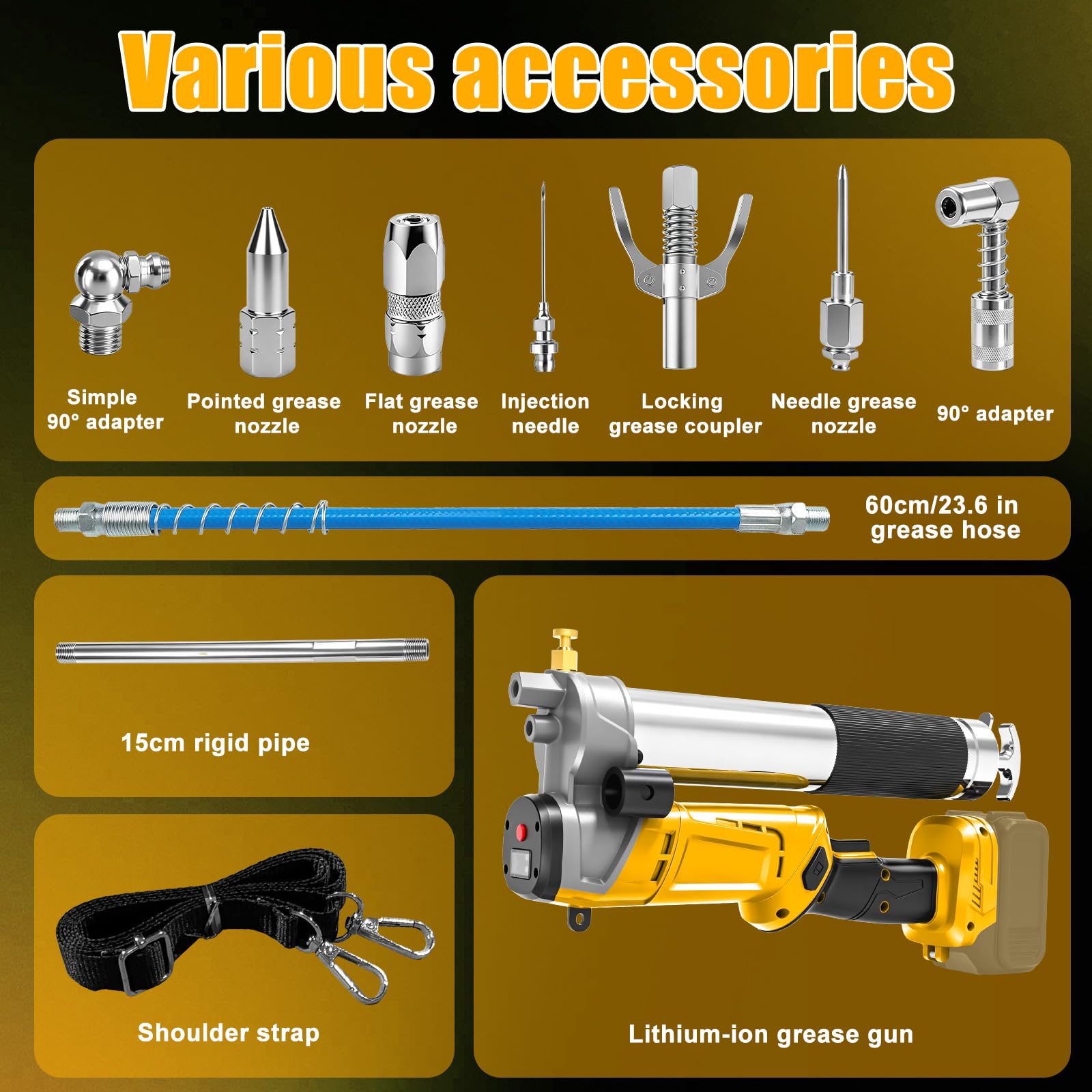 Pistola de engrase a batería compatible con batería Dewalt de 20 V, caudal de 160 g/min, 6000 – 13000 PSI de alta presión | Luz LED, diseño 2 en 1 (parado/tumbado), para coche, maquinaria