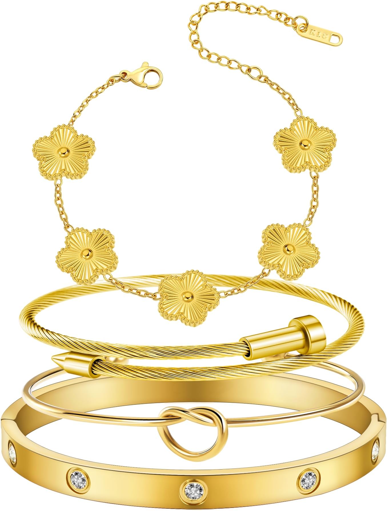 Womens 4Pcs Stackable Floral Gold Bracelets Stainless Steel Bangle Bracelets Non Tarnish Silver Set Trendy Jewelry Gifts for Womens
