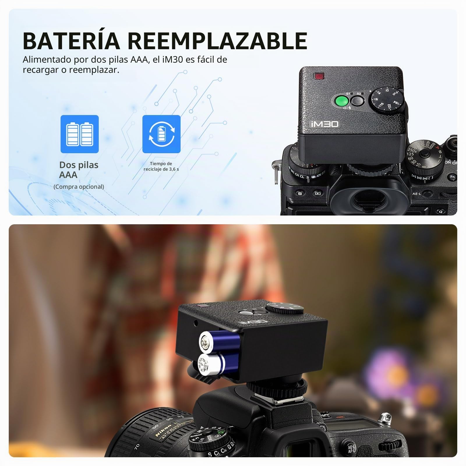 Godox iM30 Flash Mini Flash GN15 S1/S2 Control Óptico, Temperatura de Color CCT 6500K±200K, 7 Niveles de Potencia (1/64~1/1) para Canon Nikon Sony Fuji Olympus
