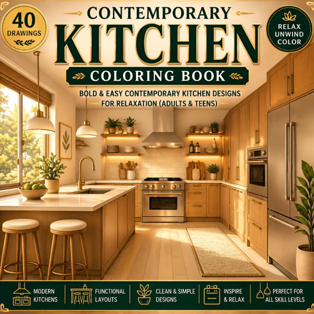 Cozy Contemporary Kitchen Coloring Book for Adults: Bold & Easy Contemporary Kitchen Designs for Relaxation (Adults & Teens) (Cozy Coloring Series)