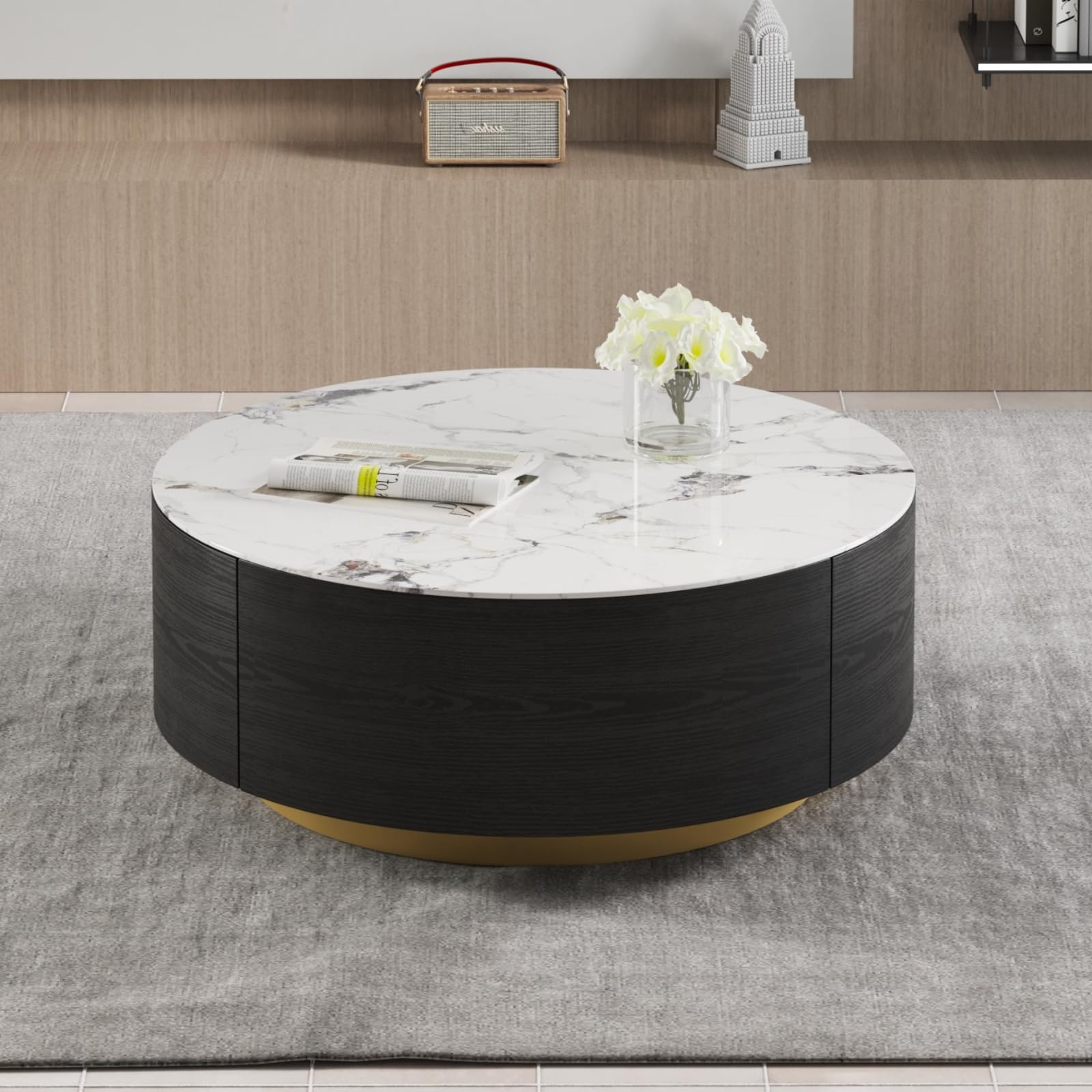 Modern Round Coffee Table with 2 Drawers - Sinered Stone Tabletop Mid Century Center Tea Table Cocktail Table