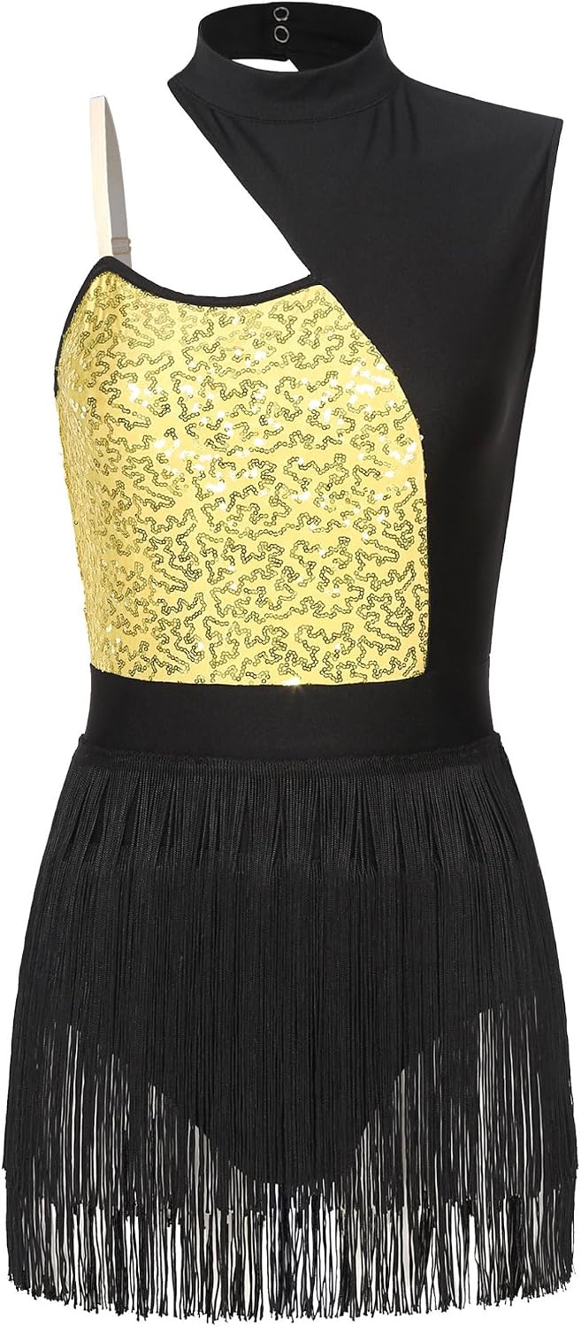 JEATHA Women Sexy Tuxedo Fringed Bodysuit Outfits Sequins Latin Dance Sleeveless Leotard with Gloves Hat