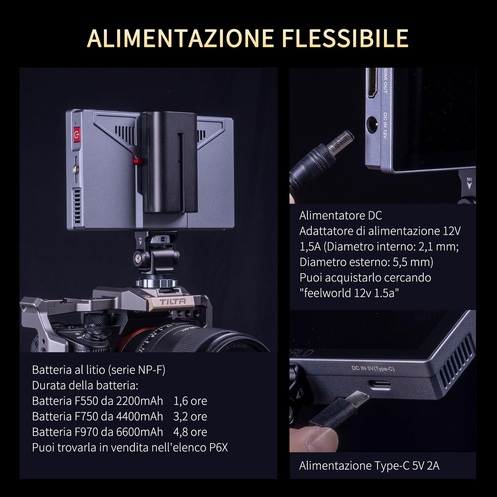 FEELWORLD P6X 1000Nit Alluminio Monitor da Campo per Fotocamera,5.5 Pollici Touchscreen Monitor video per Fotocamera con con batteria F750 e borsa 4K HDMI, Full HD,3D-LUT, HDR, forma d'onda