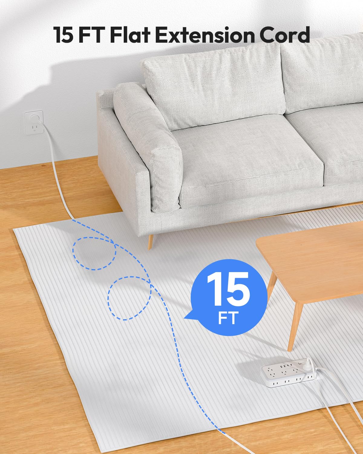 Flat Extension Cord 15 FT, NTONPOWER Surge Protector Power Strip with 10 Widely Outlets 4 USB Ports (2 USB C), 3 Side, Overload Protection, 2700J, Wall Mount, Multiple Outlets for Home Office, White