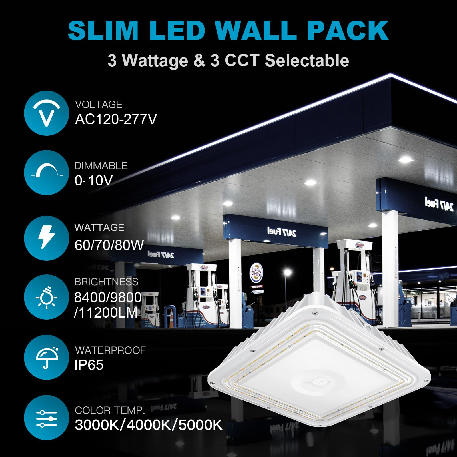 ELEPHANT DEPOT Canopy Lights Outdoor, 60/70/80W, 3000/4000/5000K Selectable, Up to 11200LM,Waterproof Led Lights for Gas Station, Garage, Carport, AC120-277V Commercial Grade