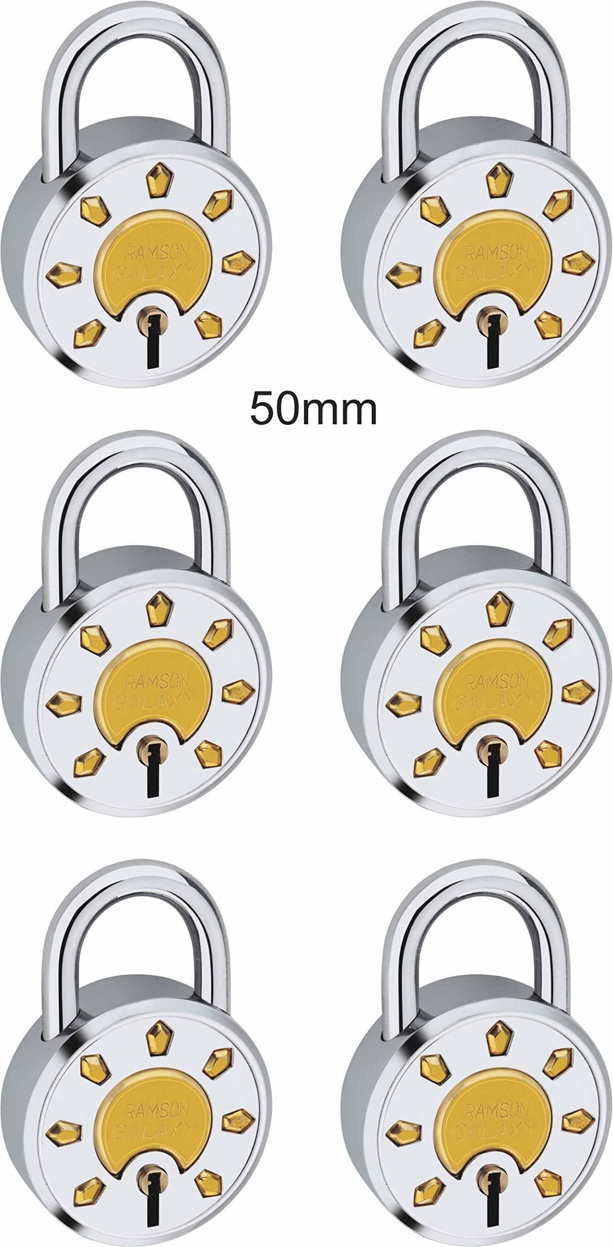 RAMSON Galaxy Steel Double Locking 50 MM 6 Levers Padlock with 3 Keys Pack of six (Silver+Gold).