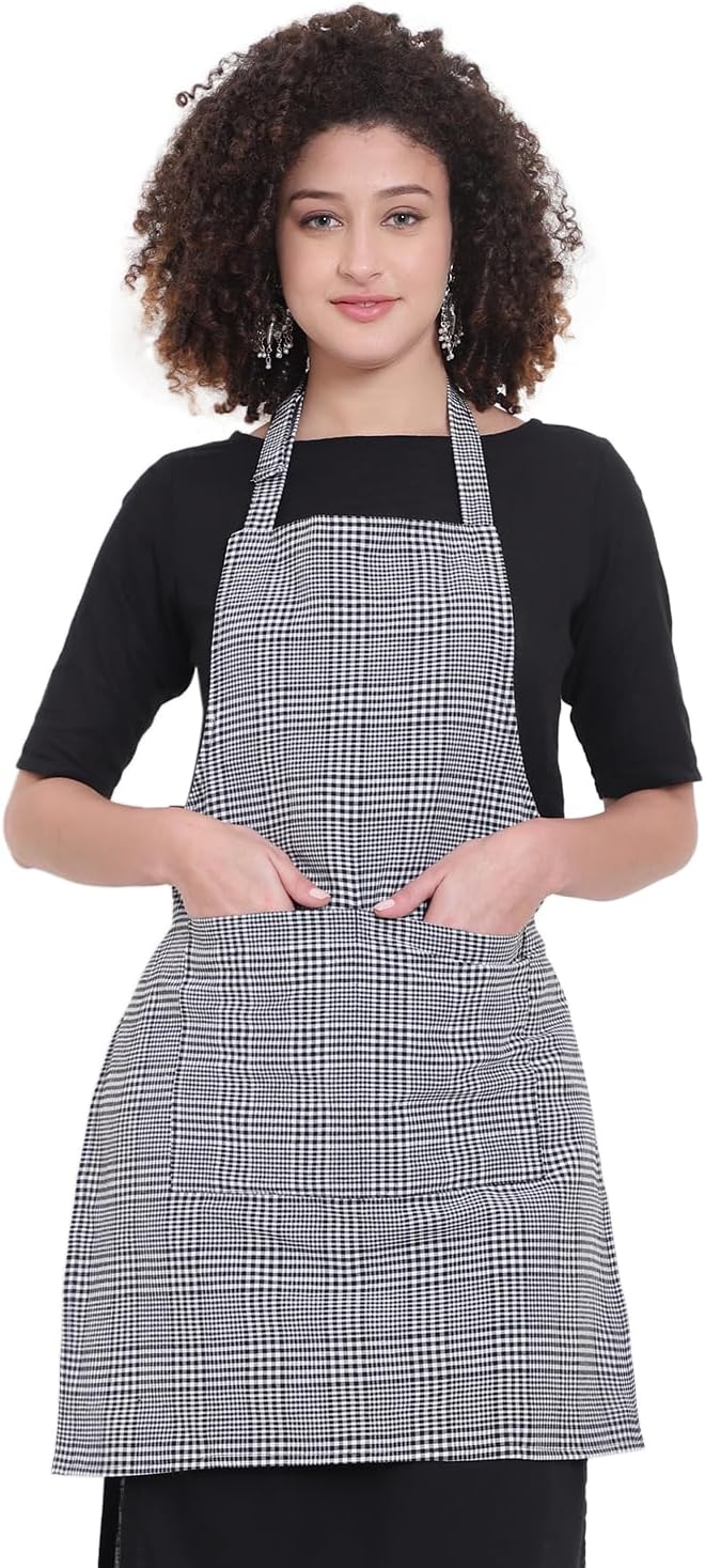 Kitchen Cooking Aprons, Small White & Black Checkered Color Adjustable Bib, Chef Apron with 2 Pockets, Long Ties, Long Neck Strap for Men & Women Unisex Apron