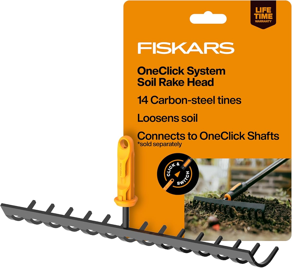 Cabezal de rastrillo de suelo Fiskars OneClick que ahorra espacio para sistema de herramientas de jardín | Sistema de herramientas intercambiables para césped y jardín, púas de 14 puntas para preparación de lechos de semillas y nivelación del suelo, accesorio modular para herramientas de jardín