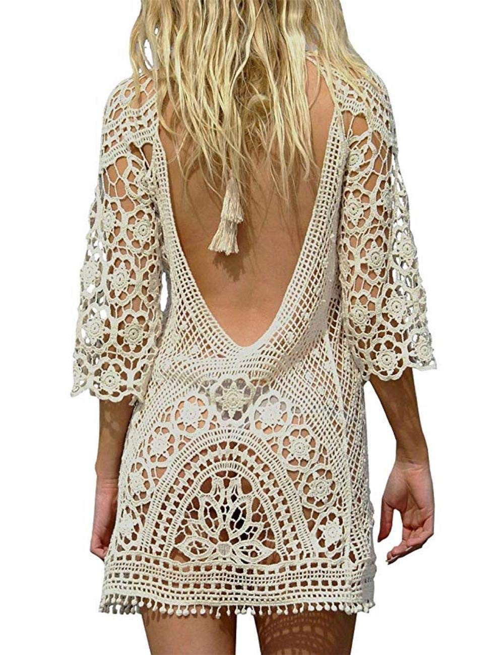 heekpek Mujer Pareos Playa Traje de Baño Vestido de la Playa Bikini Cover up Camisola de Playa Larga Mangas V-Cuello Hueco Borlas Vestido de Kaftan Crochet Pareos