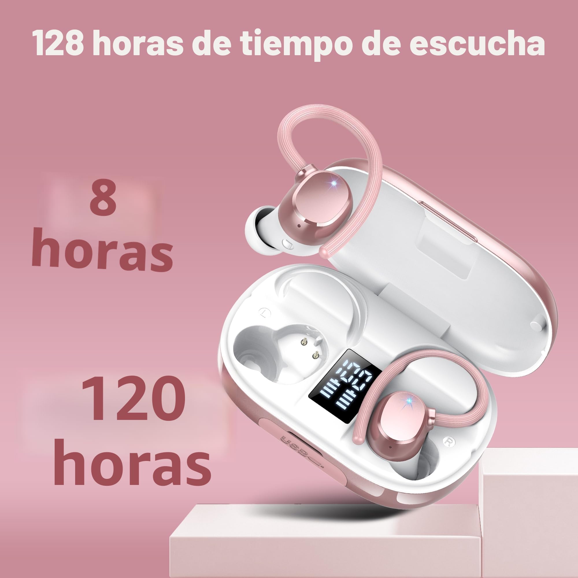 Auriculares Oreja Abierta Bluetooth 5.3, Auriculares Inalámbricos Deportivos con Gancho, Reproducción de 128H Pantalla LED, Auriculares con micrófono Incorporado, Control Táctil, IP7 Impermeable