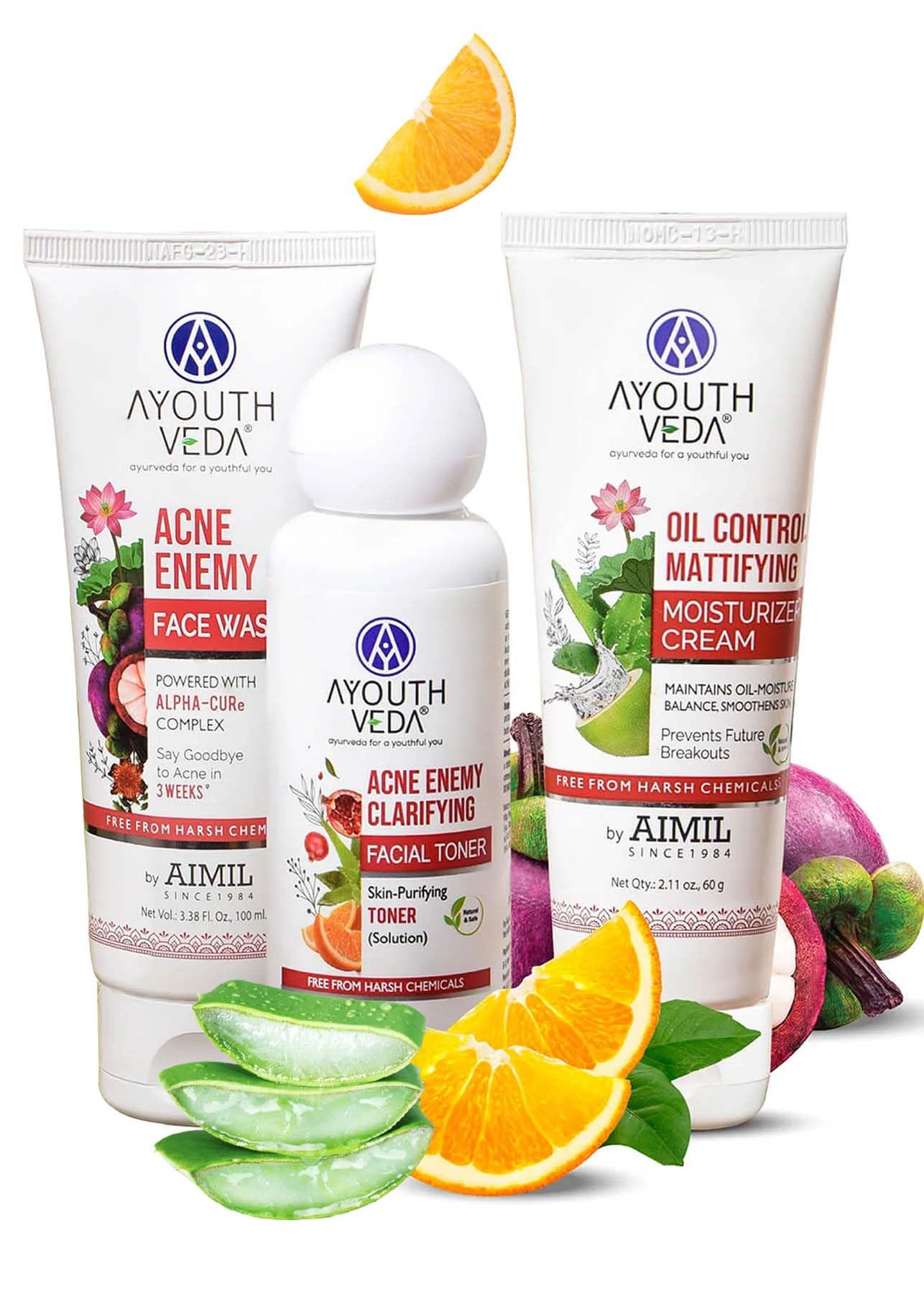 Ayouthveda Anti-acne Face Care Kit Maintain Oil Moisture, Skin Purifying | Acne Enemy Face Wash Gel 100ml | Acne Enemy Clarifying Facial Toner 100ml | Oil Control Mattifying Moisturizer Cream 60g