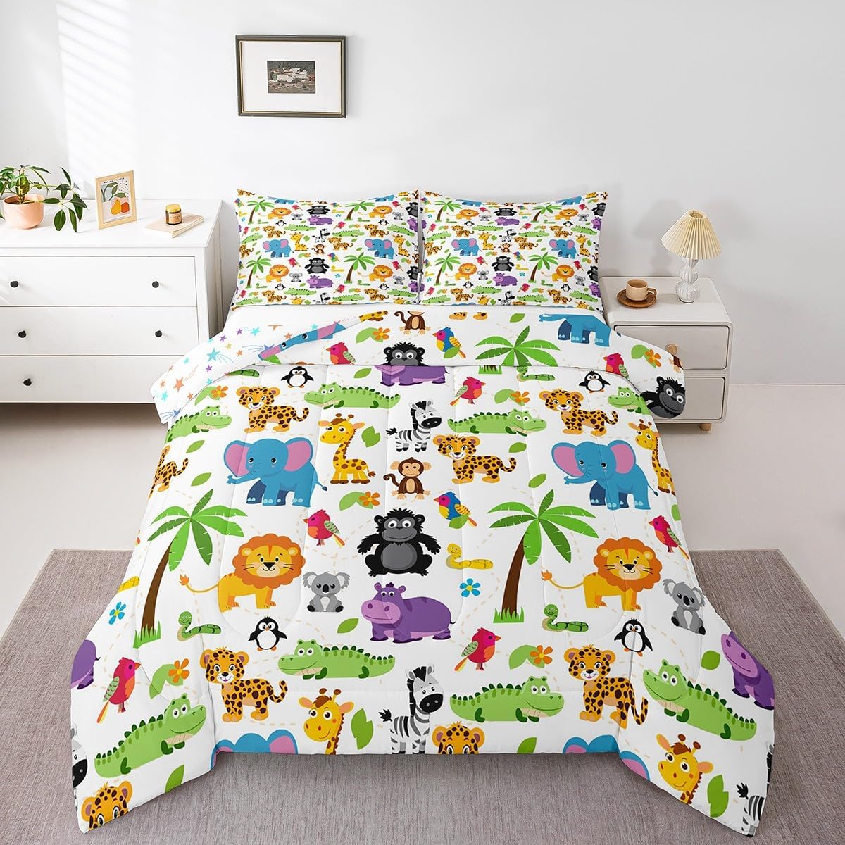 Feelyou Animal Comforter Set Full Size Cartoon Comforter for Kids Teens Adults Monkey Bedding Set Lion Duvet Set Room Decor Elephant 3Pcs with 2 Pillow Cases