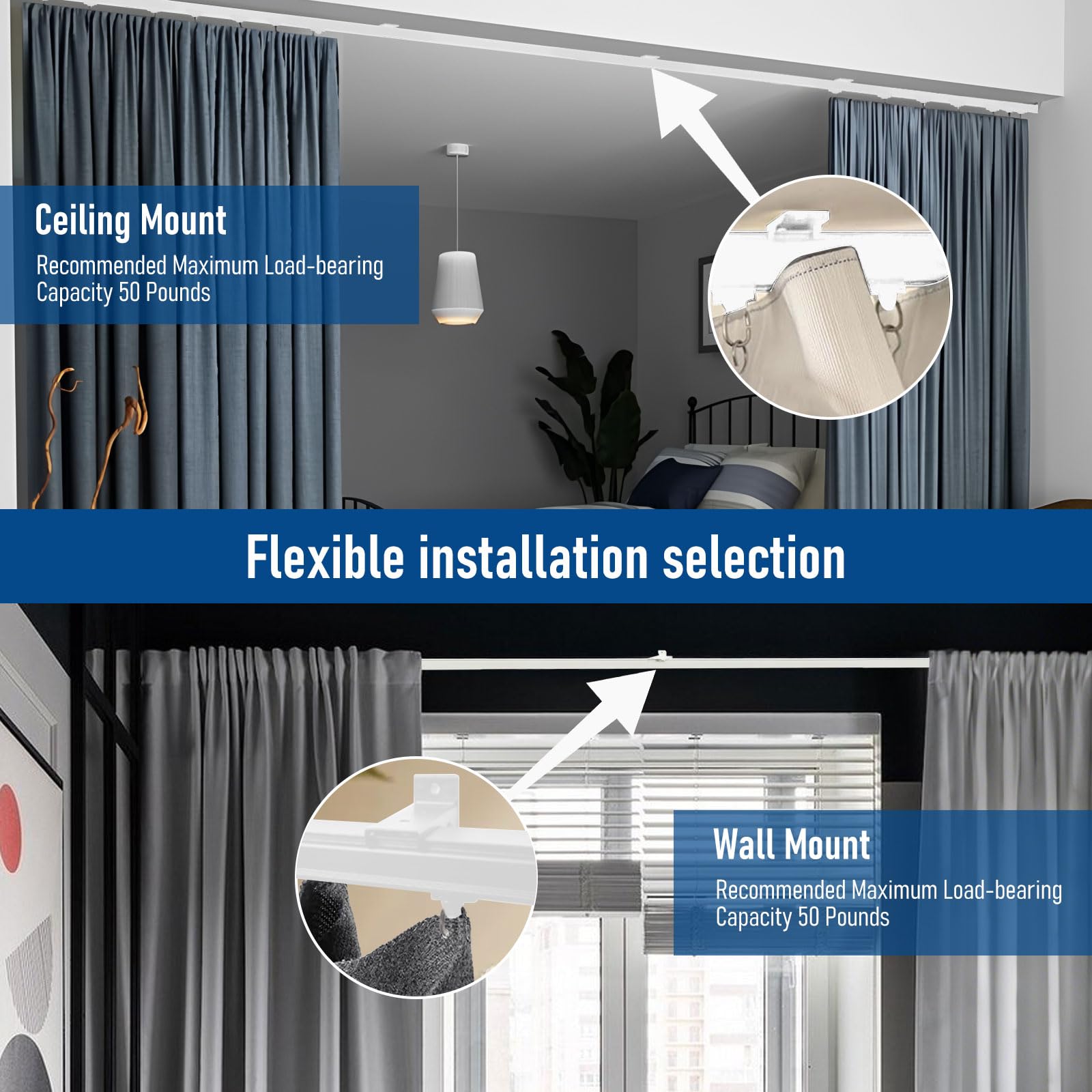 Curtain Track Ceiling Mount Heavy Duty Curtain Rail Ceiling Curtain Track or Wall 9 FT Room Divider Curtain Track White with Hooks Suitable for Living Room Bedroom Bathroom