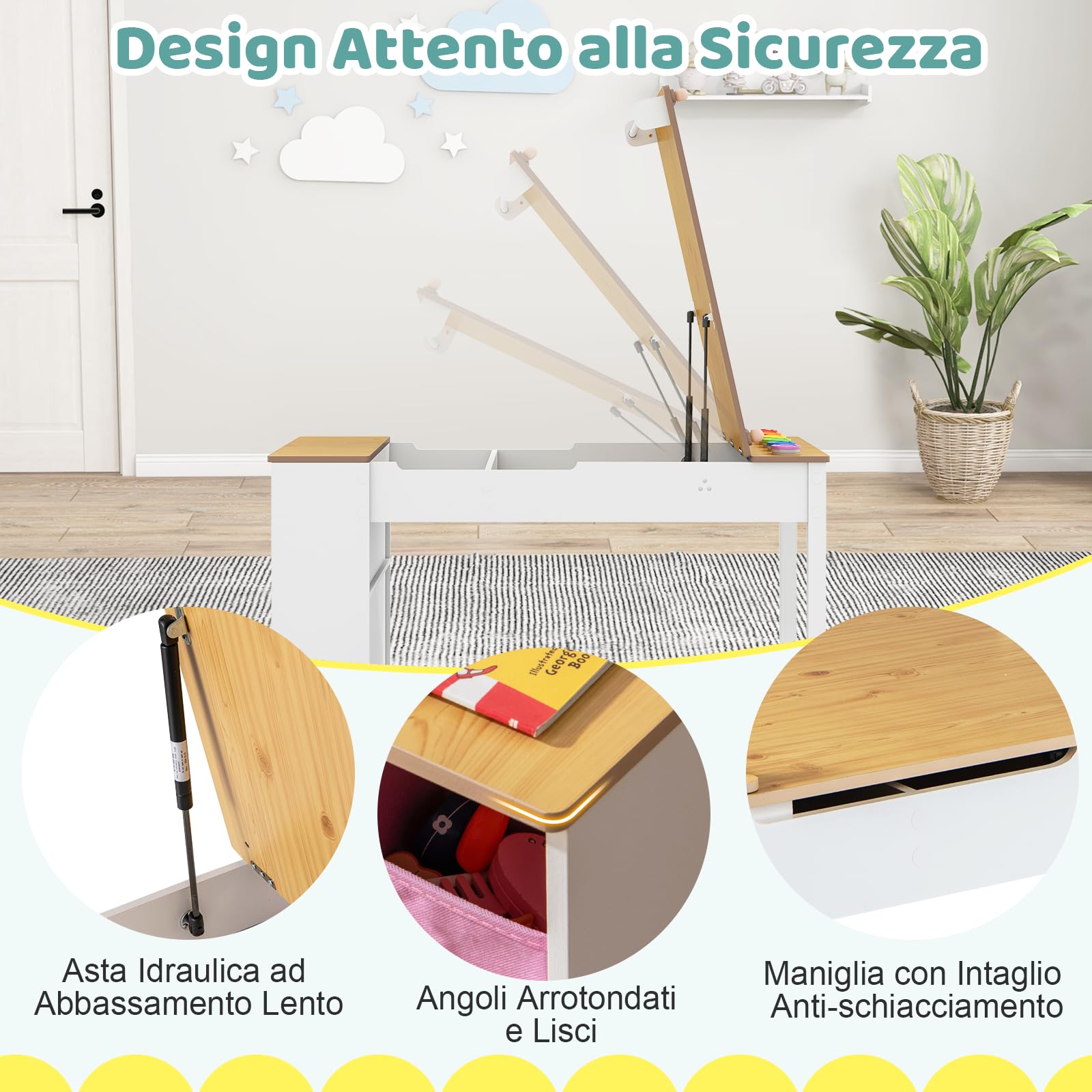 COSTWAY Set Tavolo da Disegno e Cavalletto per Bambini 3+ Anni con 2 Sedie, Tavolo Multifunzione in Legno con Piano Sollevabile, Rotolo di Carta, 6 Bicchieri di Vernice (Naturale)