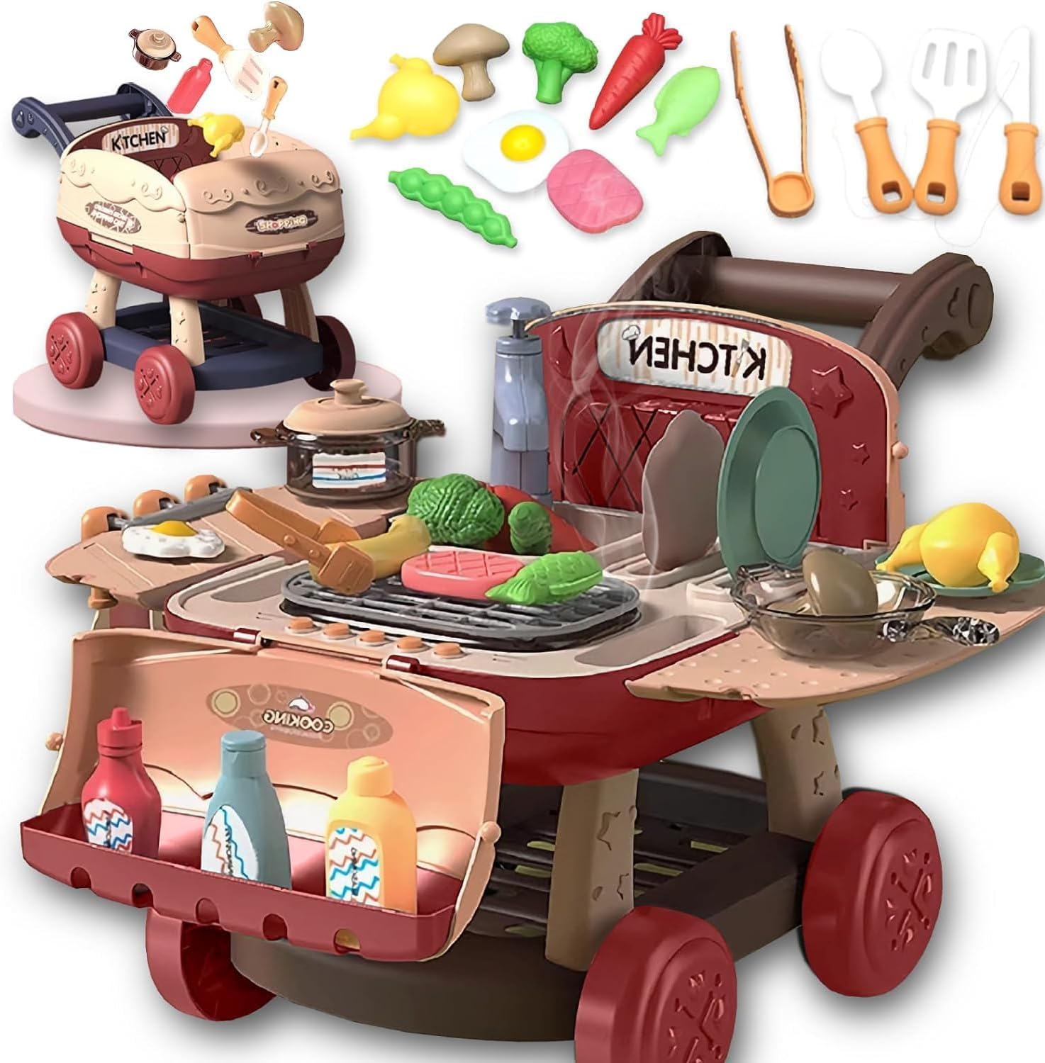 2 in 1 Kids BBQ Grill Playset Kitchen Toy Set
