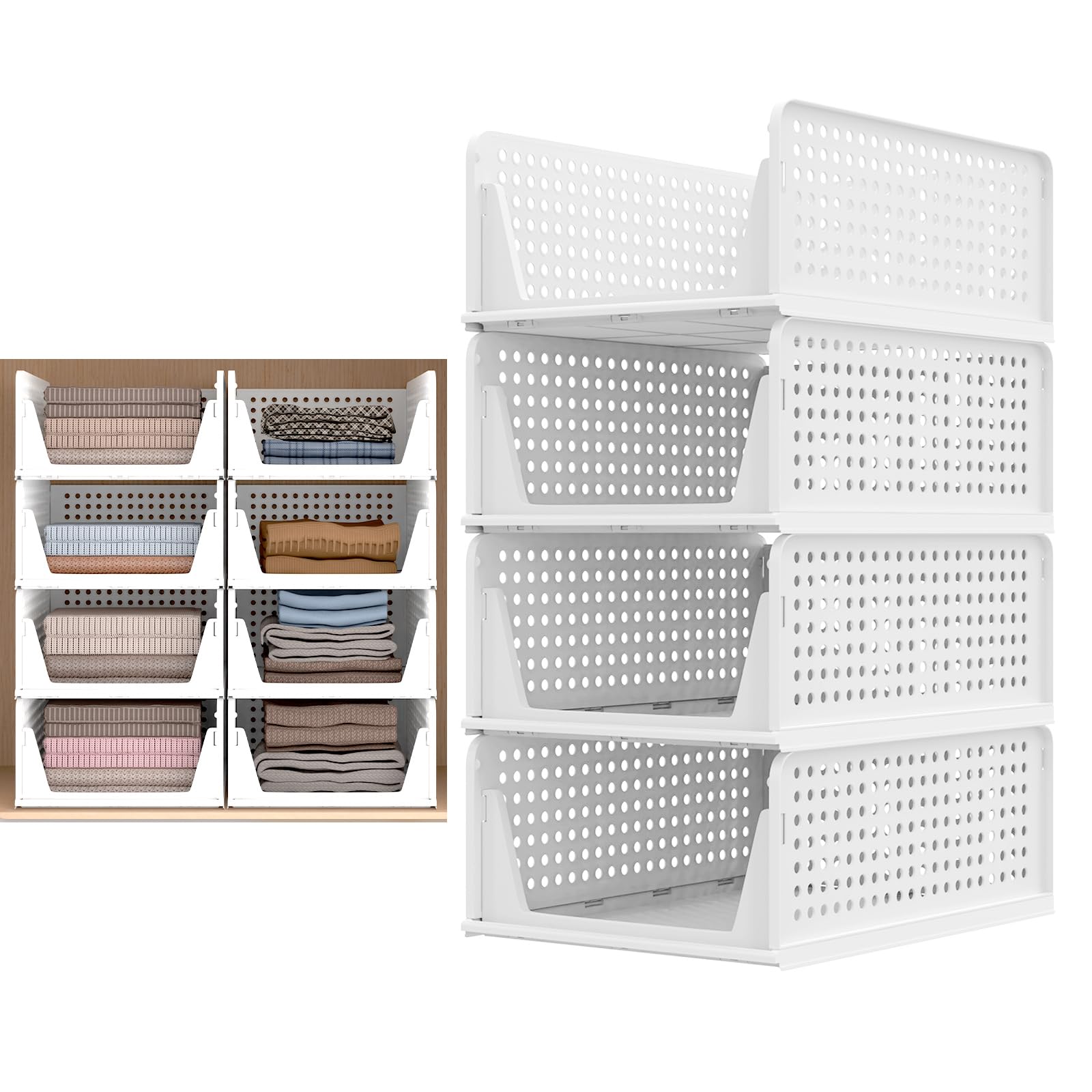 Organizador de armario – 4 cajones de plástico apilables, estantes plegables para ropa, dormitorio, armario y hogar