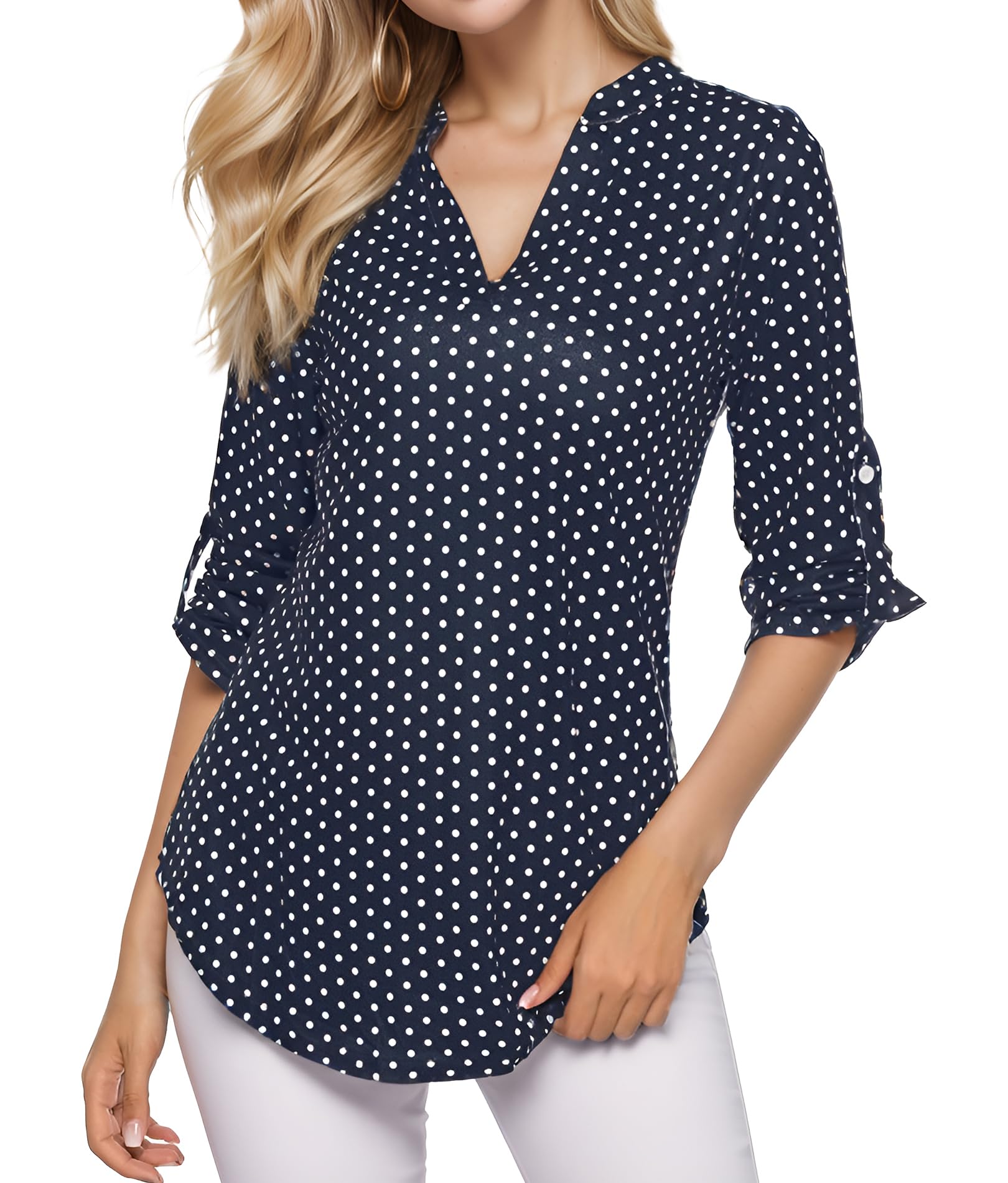 Polka Dot Tops for Women 3/4 Roll Sleeve Tops Tunics Notch V Neck Blouses Vintage Business Casual Clothing