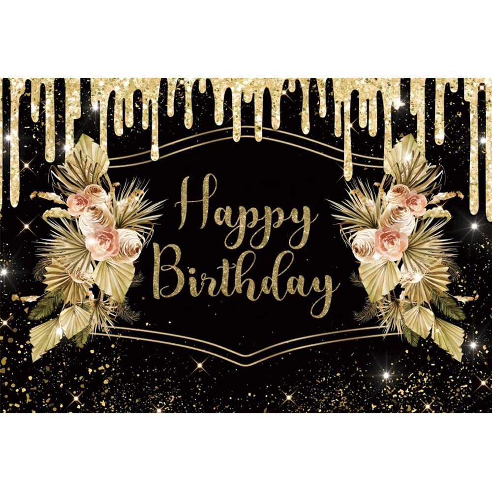 300x250cm Nero Oro Tema Buon Compleanno Fotografia Sfondo Scintillante Starlight Rosa Foglie per Festa di Compleanno Banner