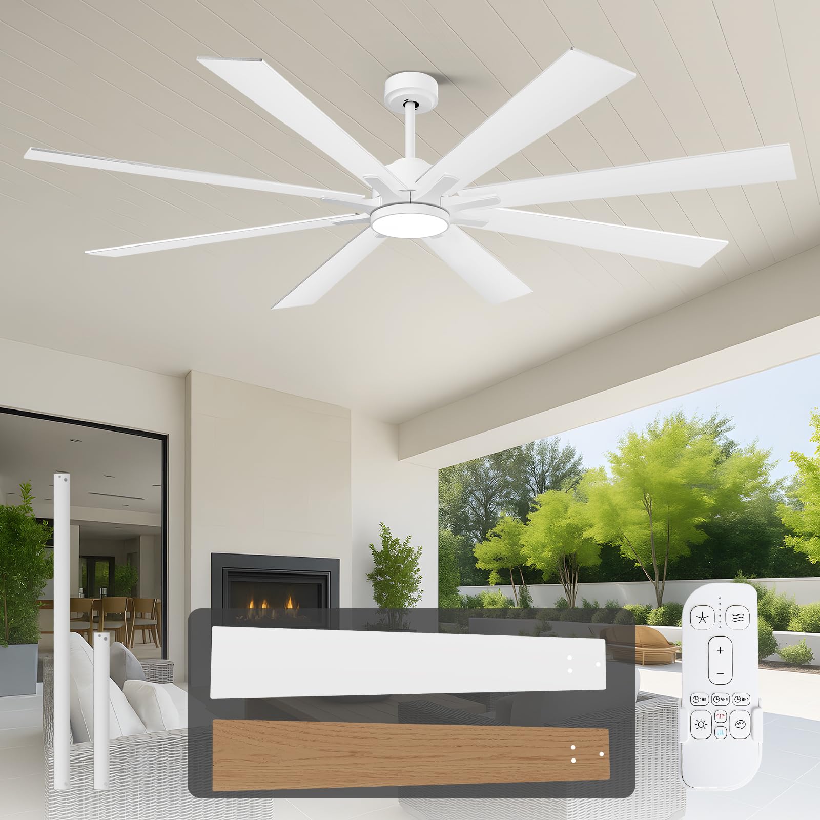 72 Inch Large Outdoor Ceiling Fans for Paitos with Light Remote, Modern Industrial Ceiling Fan with White/Oak Blade 6 Speed Quiet Reversible DC Motor,