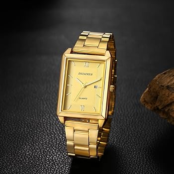 Amazon | スクエア 腕時計 メンズ カレンダー ゴールド: ローマ字