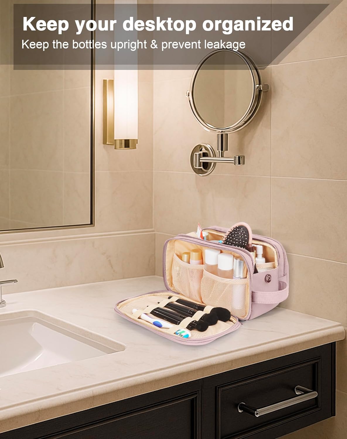 Toiletry Bag for Men & Women, Cruise Ship Travel Essentials, Shaving Dopp Kit with Dry and Wet Separation, Water-resistant Bathroom Cosmetic Organizer Bag, Makeup Accessories with Trolley Belt, Pink - Image 7