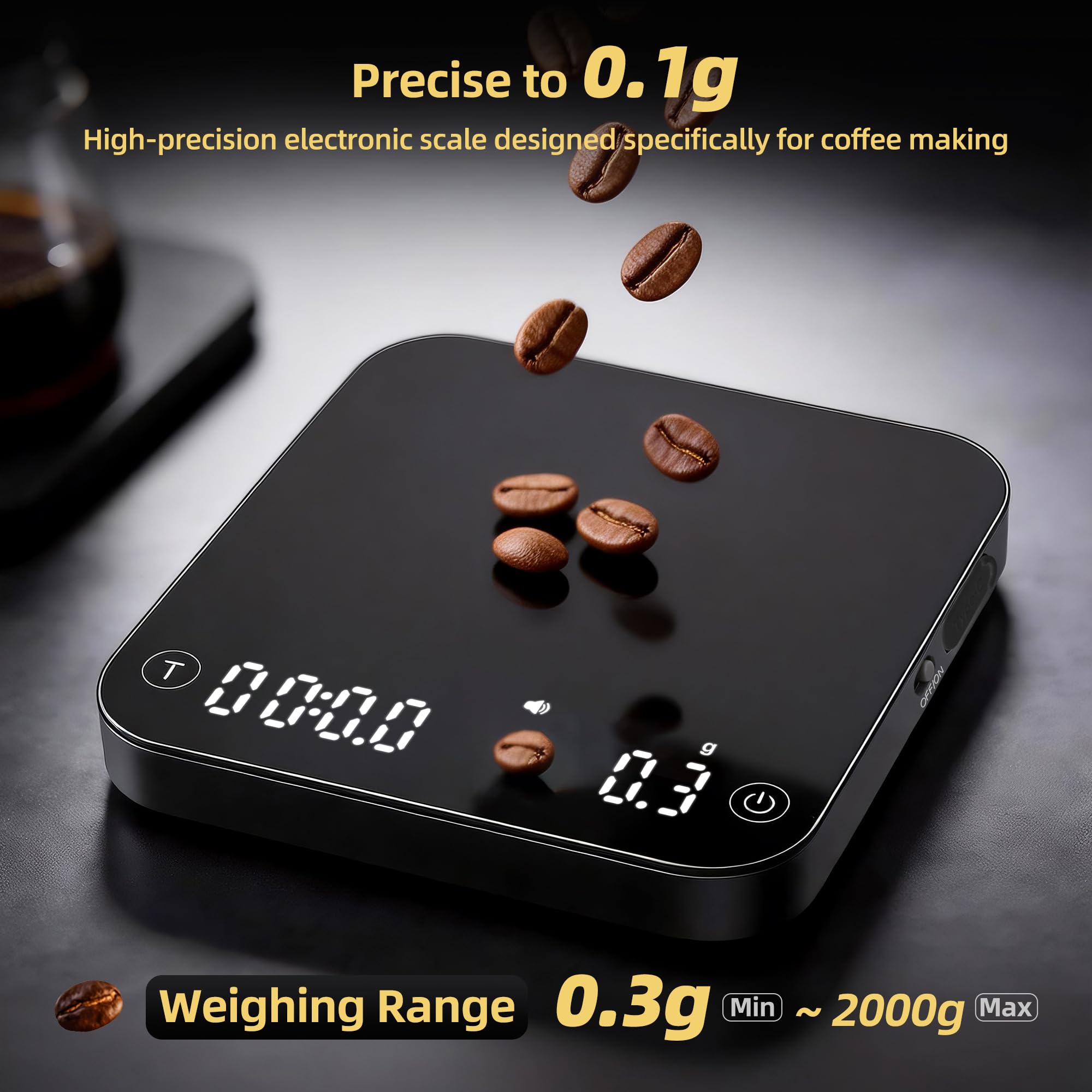 ShanSon Mini báscula de café con temporizador, báscula de espresso de alta precisión de 0,1 g, báscula digital de cocina de 2 kg/0,1 g con caudal, recargable por USB-C, superficie impermeable